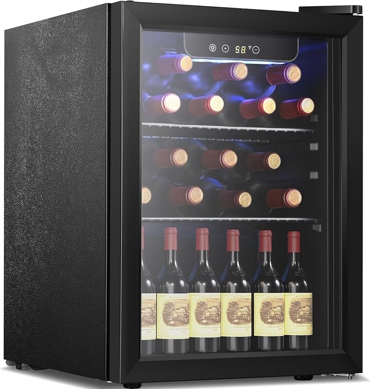 Wine Cooler Beverage Refrigerator Mini Fridge 1.7 cu.ft | 16 Bottle Capacity, Clear Glass Door Quiet Counter Top Cellar for Beer Soda Bar