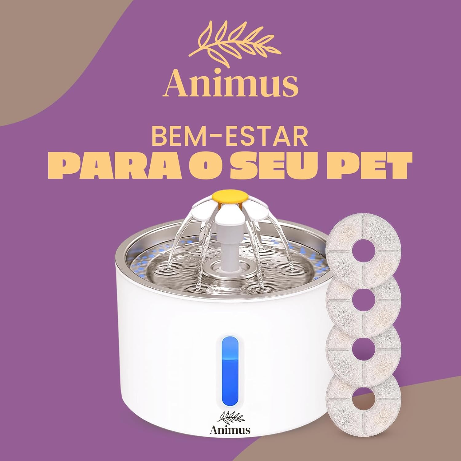 Kit Bebedouro Tipo Fonte 2,4 L Com Filtro Animus Bem Estar Healthy Pet INOX+ 4 Filtros extras para gatos e cães