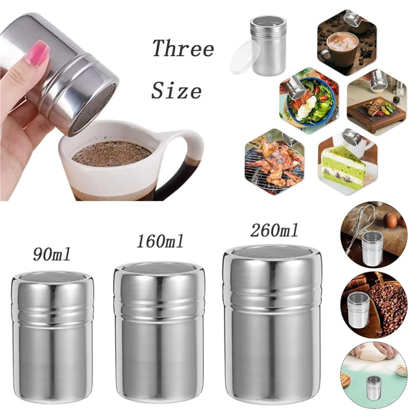 3 uds tarro de especias acero inoxidable tapa giratoria pimentero Para Casa | Salero for glaseado de cacao y azúcar en polvo(L)