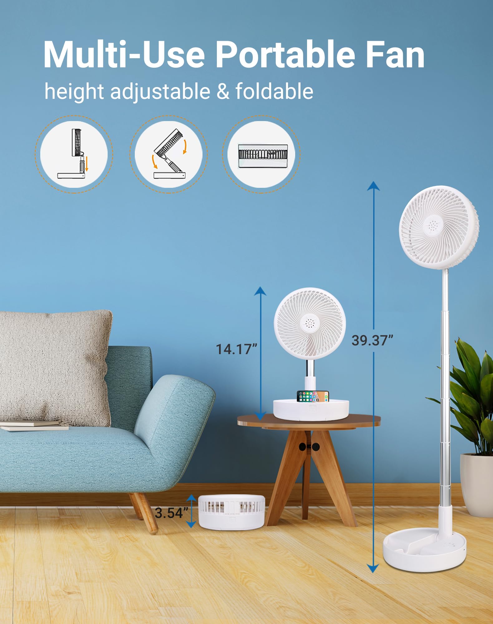 Ventilador a pilas, ventilador de escritorio portátil recargable USB con altura ajustable, ventilador de pedestal de 4 ajustes de velocidad para dormitorio, campamento, viajes, color 3