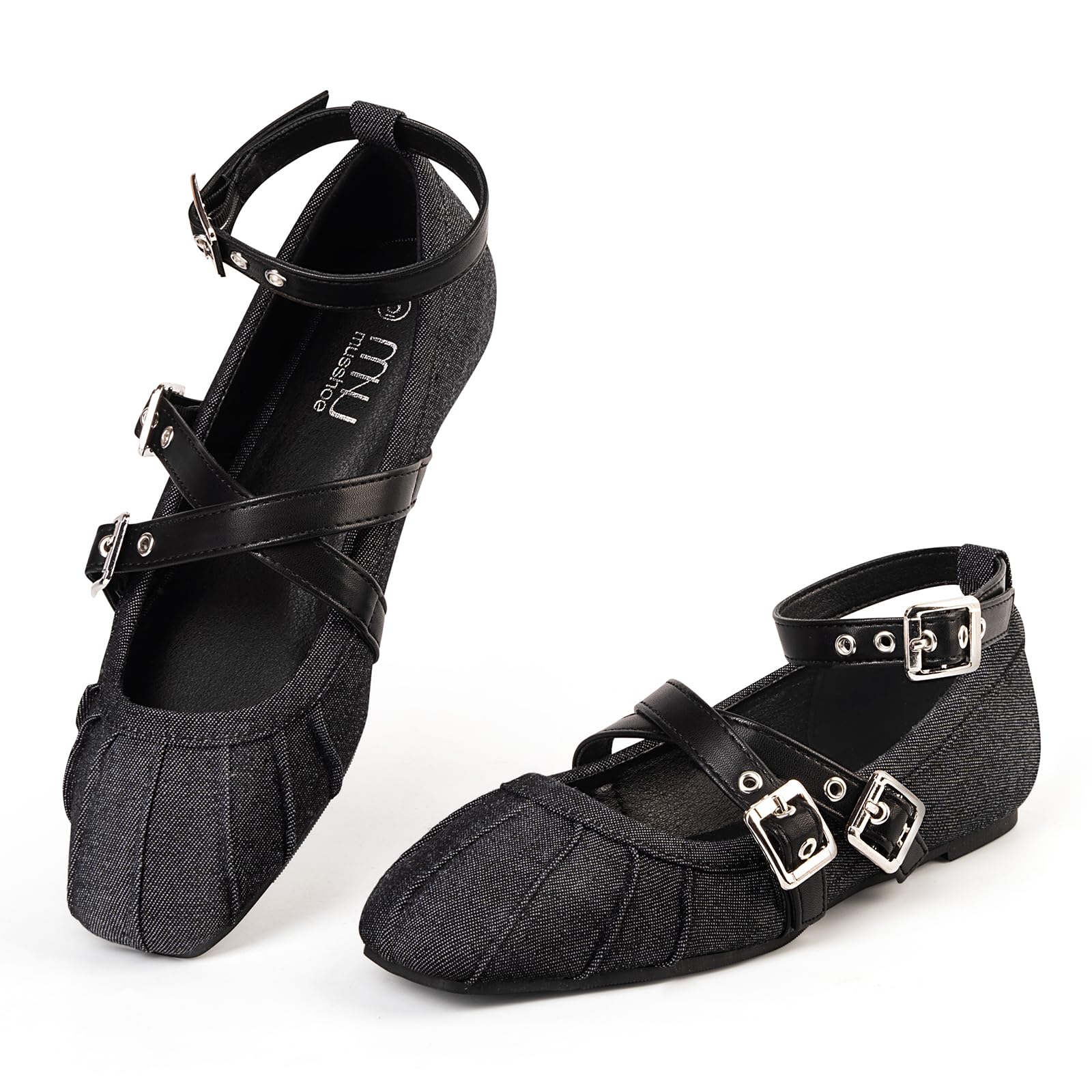 MUSSHOE Denim Mary Jane Shoes: Comfortable Dress Shoes for Women Cross Strap & Detachable Ankle Strap Design Square Toe Flats for Students Casual