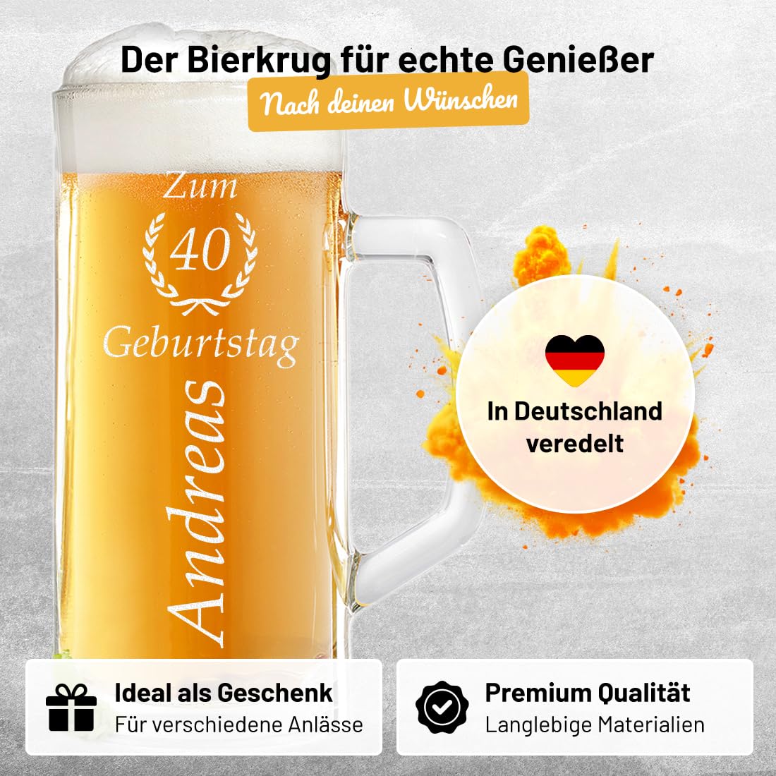 Bierkrug Personalisiert mit Gravur eines Namens und Jahreszahl im Ährenkranz – Bierseidel Geschenk-Idee zum Geburtstag - Motiv zum Geburtstag 0,5l