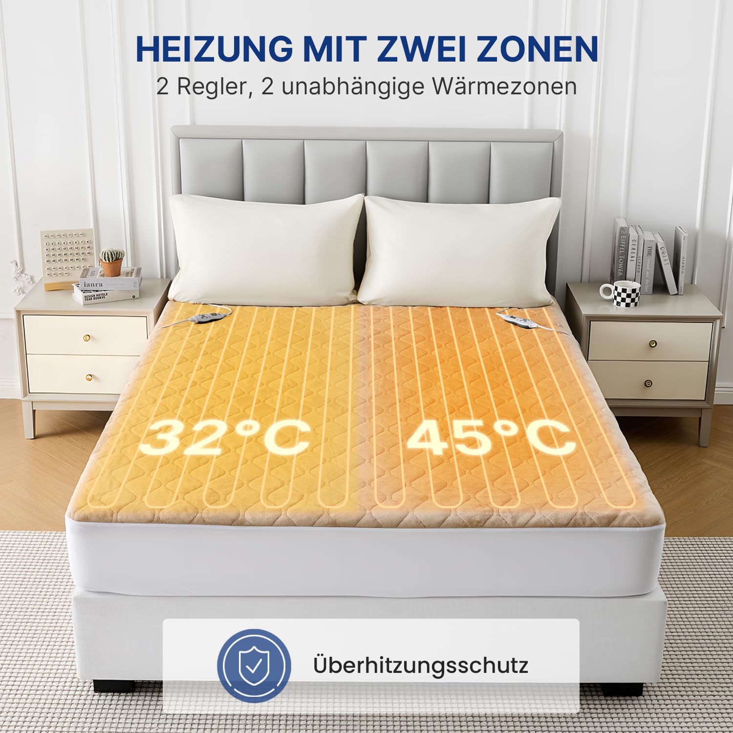 WOOMER Elektrische Wärmeunterbett mit Abschaltautomatik,200GSM/Samt Heizdecke mit 12h-Timer, 10-Stufen, Überhitzungsschutz, 5,8m Kabel, Für Matratzen bis 45cm / Waschbar/Hellbraun/135×190cm