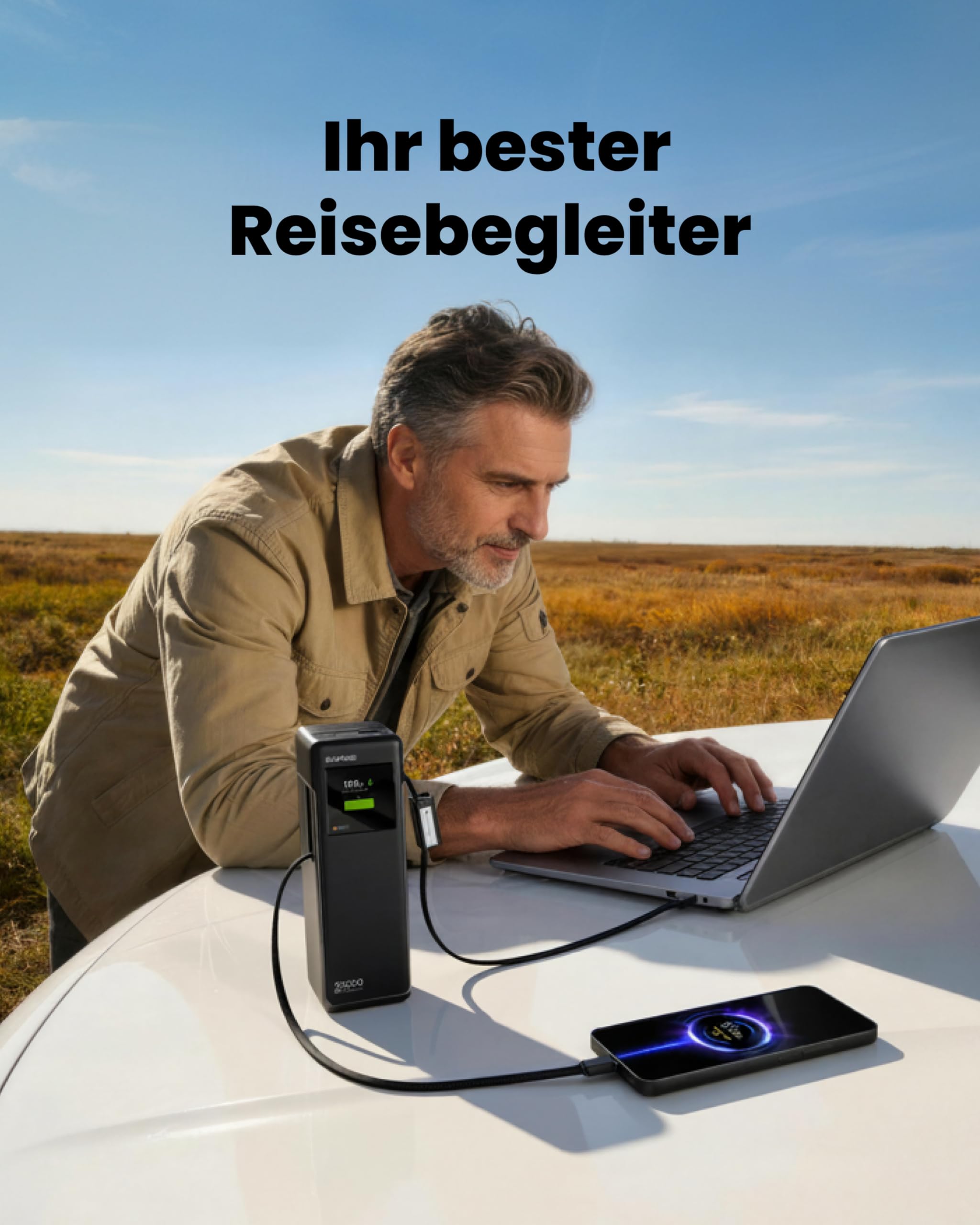 SHARGE 170W Laptop Powerbank 25000mAh mit TFT Display und 4 Anschlüssen | HyperTower 170 mit 2 ausziehbaren USB-C-Kabel, 3x USB-C + 1x USB-A, Schnellladen tragbares für Reisen/Büro für MacBook Pro