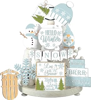 FairySandy 15 Pcs Winter Tiered Tray Decor Snowman Snowflakes Wooden Signs | Farmhouse Tiered Tray Decorations Set, Wood Table Decor for Holiday, Kitchen and Home
