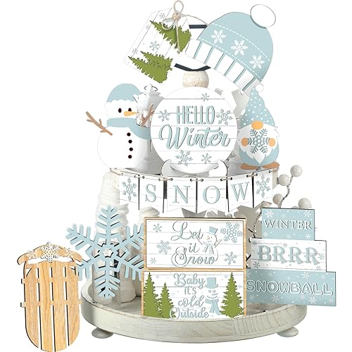 FairySandy 15 Pcs Winter Tiered Tray Decor Snowman and Snowflakes Wooden Signs Farmhouse Winter Tiered Tray Decorations Set Wood Table Decor for Holiday Home Kitchen