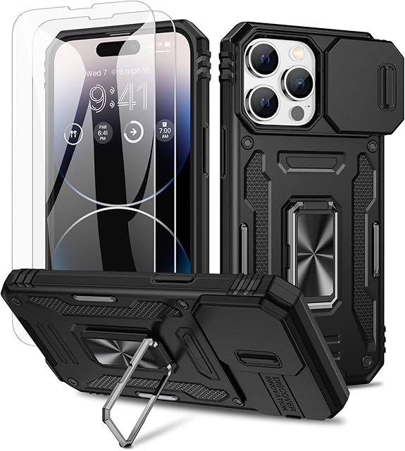 Doeshine for iPhone 14 Pro Max Case, 2 Pack Screen Protector, with Magnetic Ring Kickstand & Slide Camera Cover, Shockproof Military Drop Protection Cases for iPhone 14 Pro Max (Black)