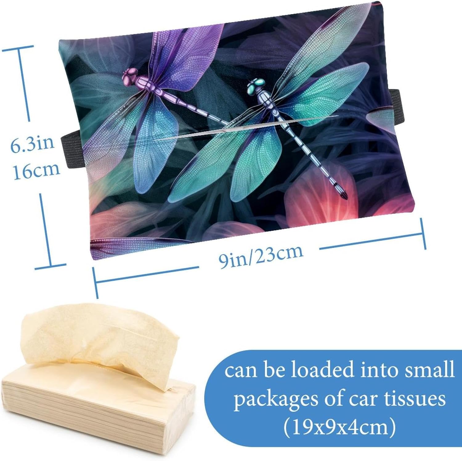 2 Pieces Tissues Purse Pocket Car Tissue Box Holder, Reusable Travel Car Visor Tissue Pouch Zipper Tissue Case for Vehicle Paper Storage (Dragonflies) image 3