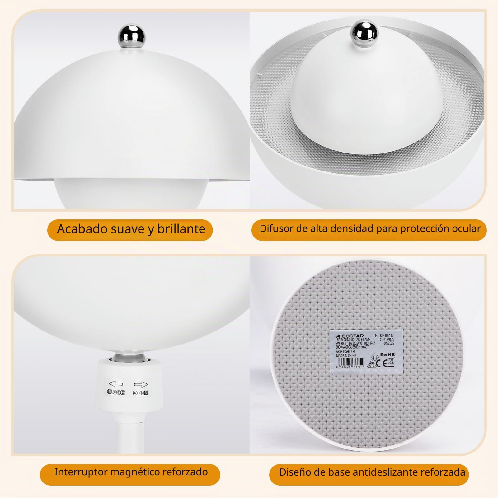 Aigostar 2 Piezas Lámpara de Mesa Magnética Táctil, Lámpara de Mesita de Noche Inalámbrica con 3 Temperaturas de Color y Brillo Regulable, Recargable USB para Dormitorio, Restaurante (Blanco)