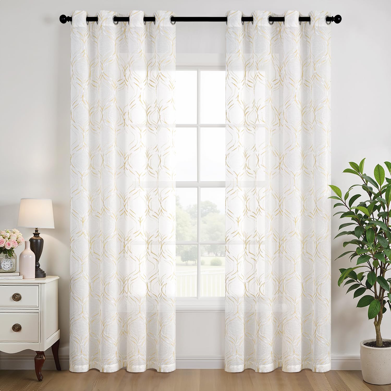 MIULEE Cortinas Transparentes Bordadas con Ojales, con Estampado de Rombos, para Dormitorio y salón, Moderno Juego de Cortinas Minimalista de 2 Piezas，260x140 cm, Amarillo