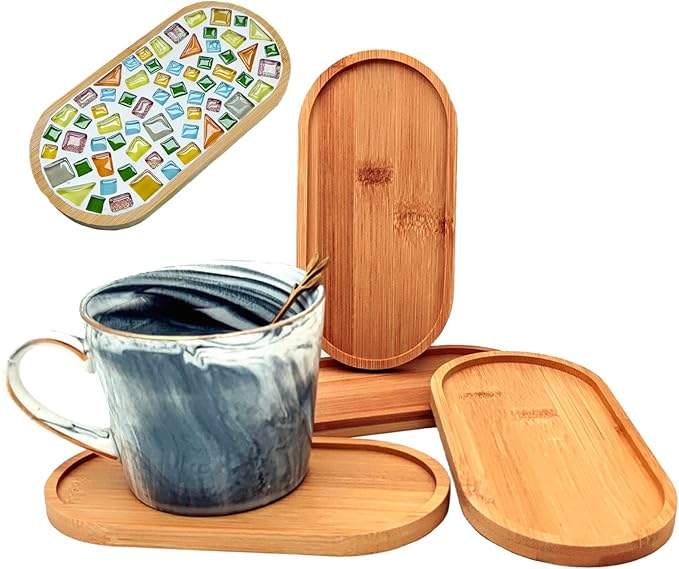 4PCS Mosaic Bamboo Coasters for Crafts, Blank Base Trays, Drinking Cup Coaster,