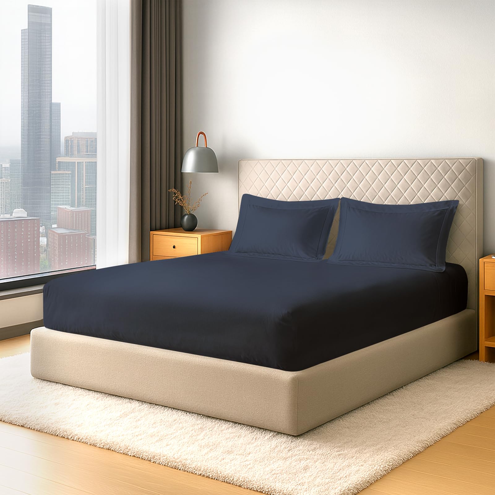 Pizuna Pure Cotton 600 Thread Count Double Fitted Sheet with 2 Pillowcases, Dark Blue 100% Long Staple Cotton, Soft Sateen Weave 40 cm Deep Fitted Sheets Double Bed — image 1