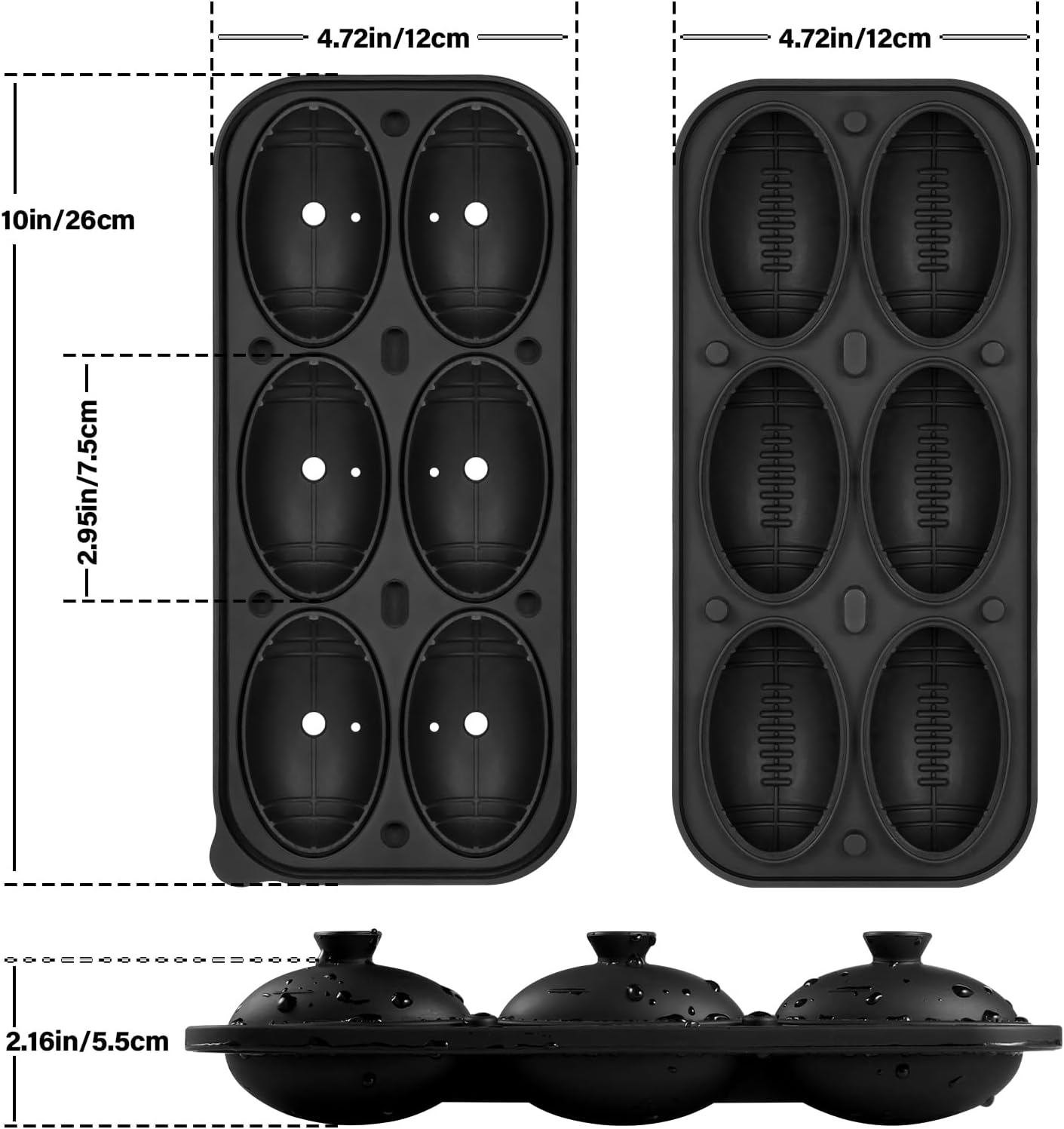 Large Ice Cube Molds, 6 Silicone Football Ice Cubes for Whiskey, Black