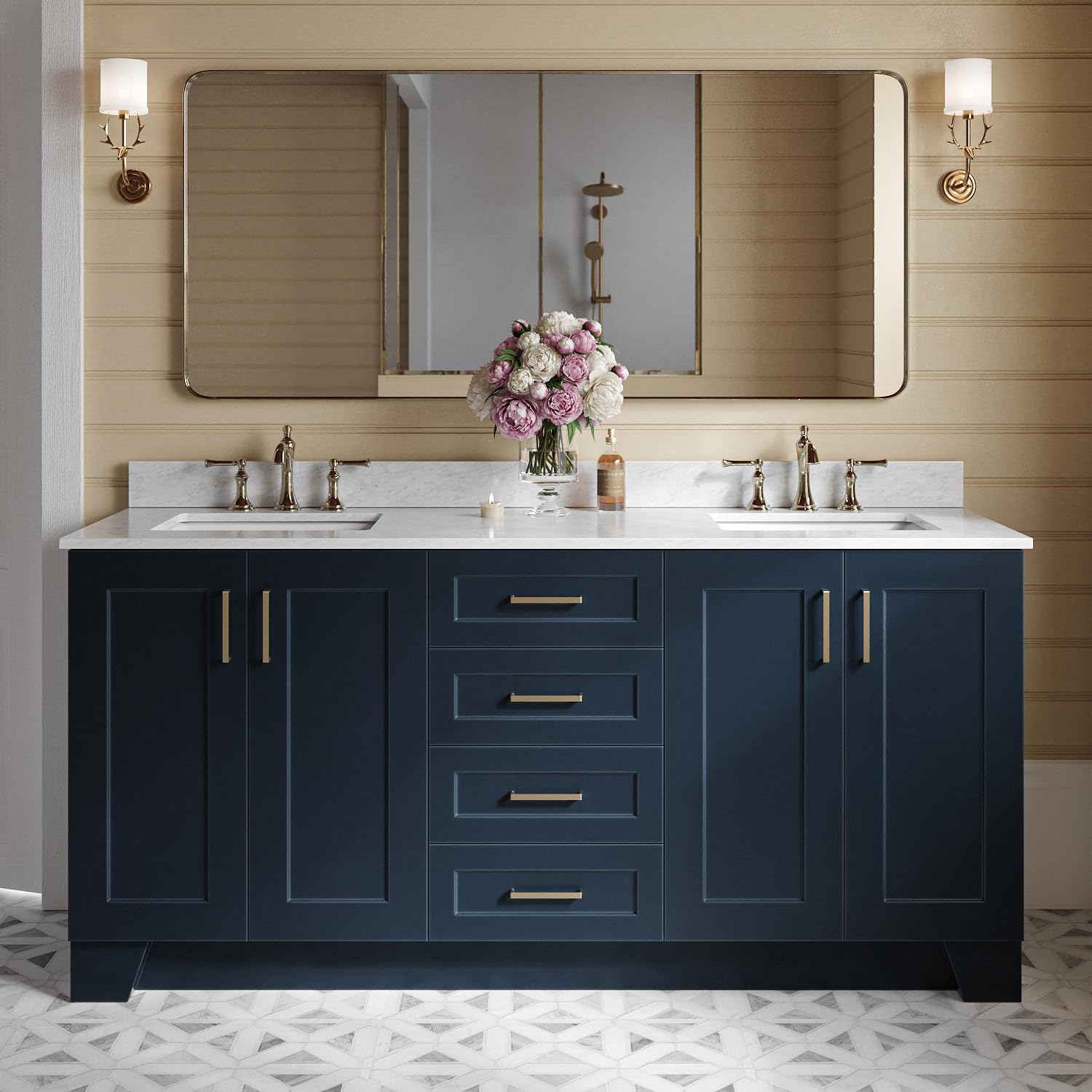 ariel taylor 72-inch bathroom vanity with sink,solid wood, 0.75-inch italian carrara marble countertop, double rectangular porcelain sink, 4 soft closing doors, 6 dovetail drawers, midnight blue (does not include backsplash.)