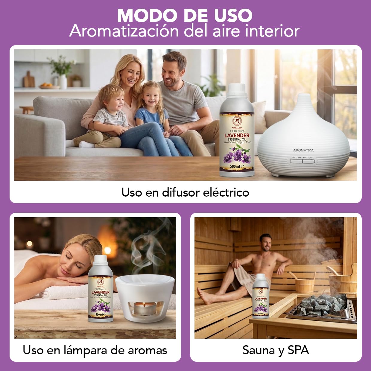 Aceite Lavanda 500ml para Difusor - Lámpara Aromática - Buen Sueño - Calmante - Relajación - Lavandula Angustifolia - Aceites Esenciales Natural 100% - Cuidado Piel, Cabello y Ropa