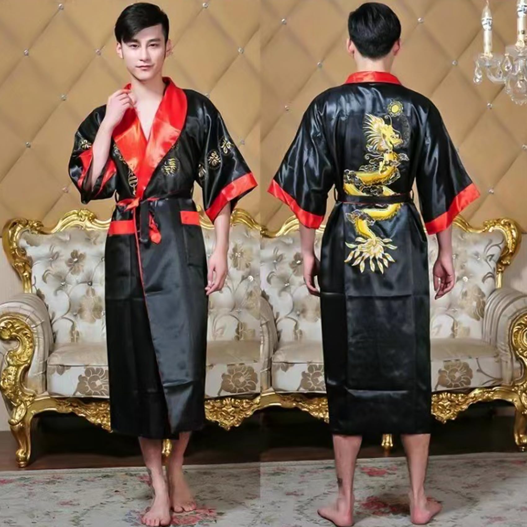 Herren-Kimono, Seide, wendbar, Seide, Bademäntel, chinesischer Drache, Kimono für Herren, mit Gürtel