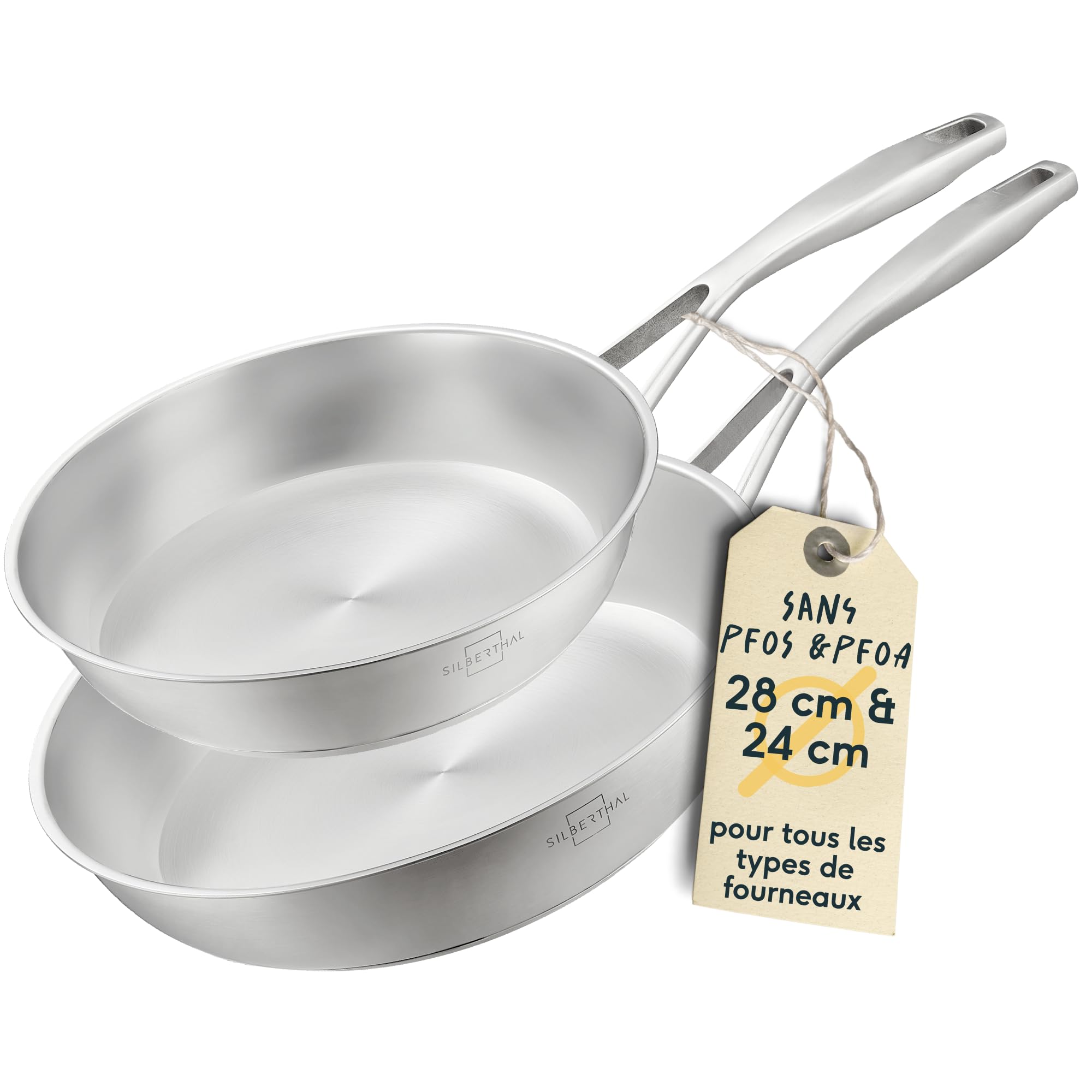 SILBERTHAL 2-Piece Stainless Steel Cookware Set 24/28 cm | Suitable for all heat sources, without coating, PFAS, PFOA and PTFE free, oven-safe (400 °C), dishwasher safe