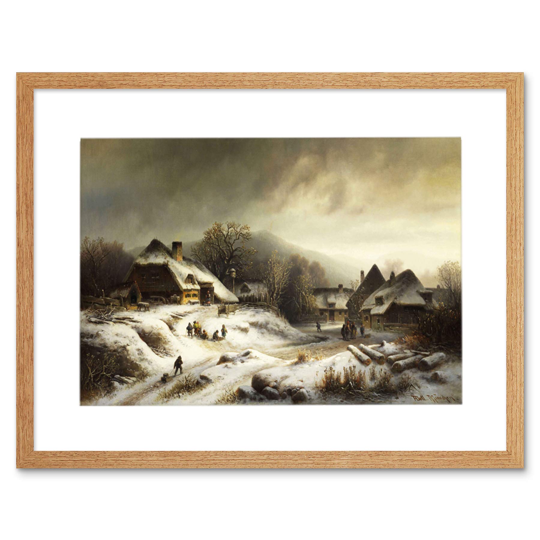 Wee Blue Coo Painting Landscape Rural Doll Snowy Village Evening Framed Wall Art Print