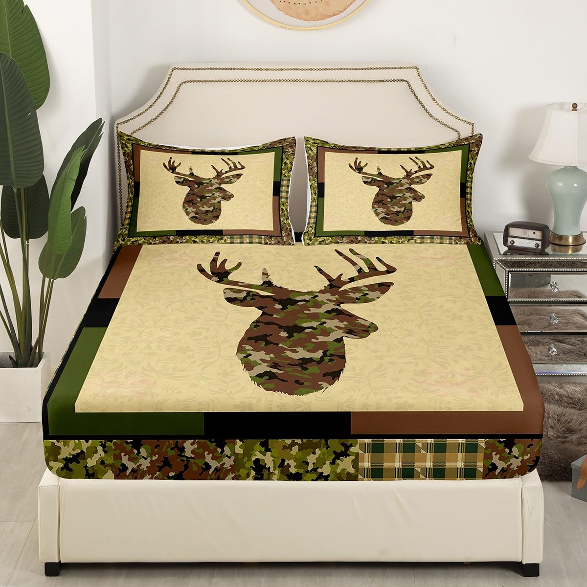 Camo Deer Fitted Sheet Queen Size Rustic Grid Bedding Set Green Camouflage Sheet Set,Wild Animals Hunt Bed Cover Ultra Soft Breathable Bedding 3 Pcs for Kids Teens Boys