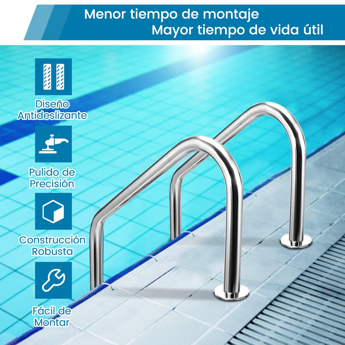 RELAX4LIFE Escalera de Piscina de Acero Inoxidable de 3 Peldaños con Pasamanos, Escalera de Entrada de Piscina con Almohadillas Antideslizantes, Carga 150 kg, 63x53x147cm (Plateado)