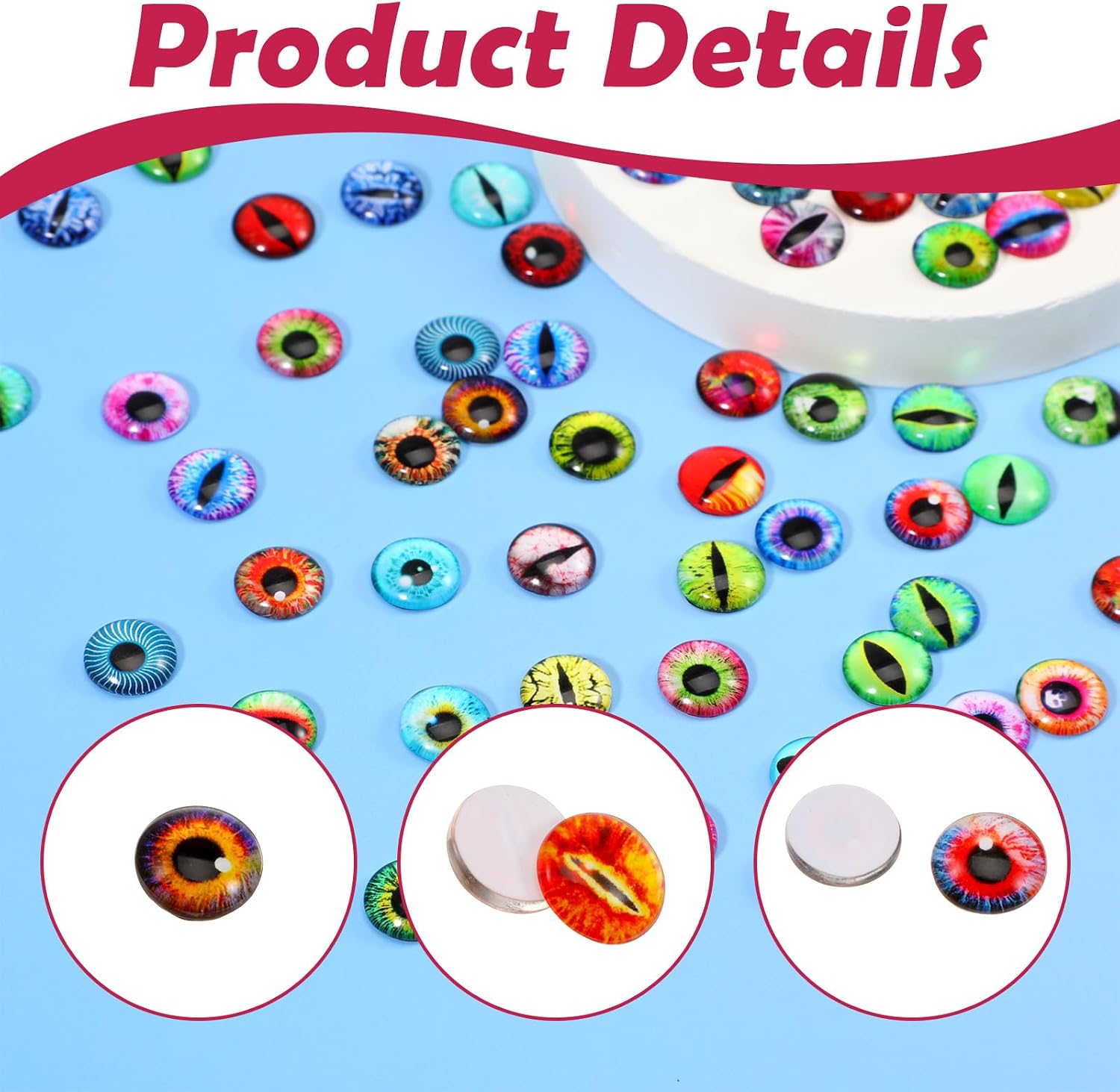 TIESOME 100Pcs Assorted Colors Glass Dragon Eyes, 12mm Flatback Cabochons for Clay Doll Making DIY Plush Stuffed and Jewelry Making Findings