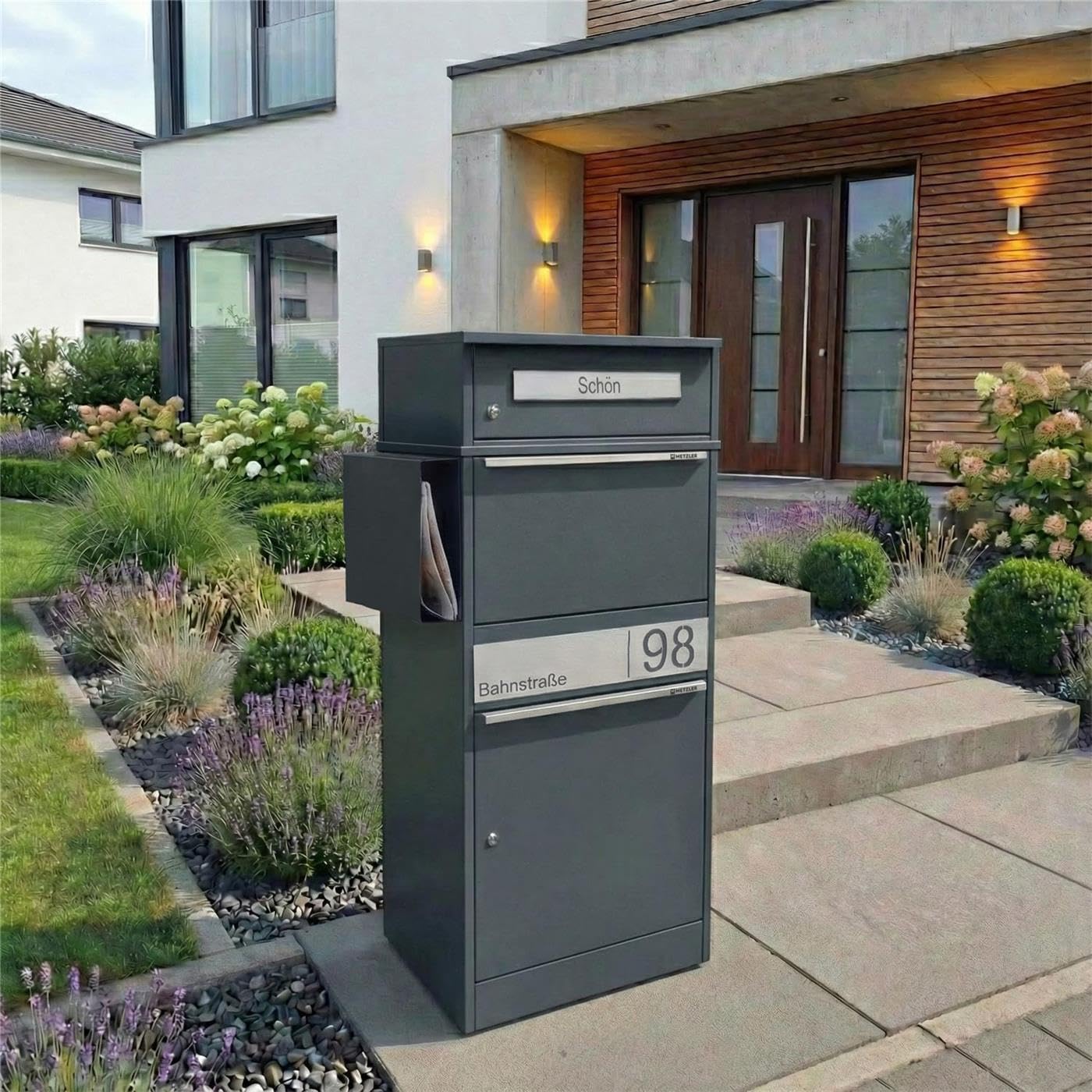 Metzler cassetta postale pacchi con doppio vano lettere e pacchi acciaio inox incisione personalizzata RAL7016 grigio antracite resistente intemperie design moderno 10 anni ricambi