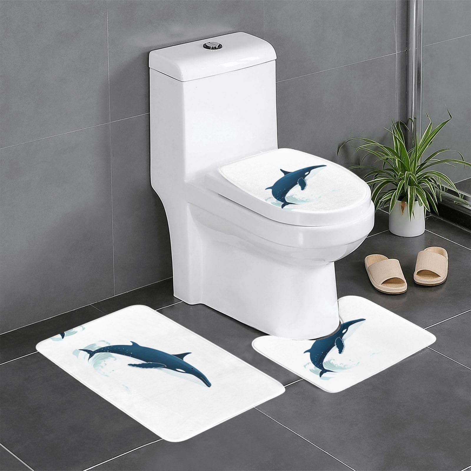 Tapis de sol antidérapants pour salle de bain sécurisée avec motif vagues et baleine