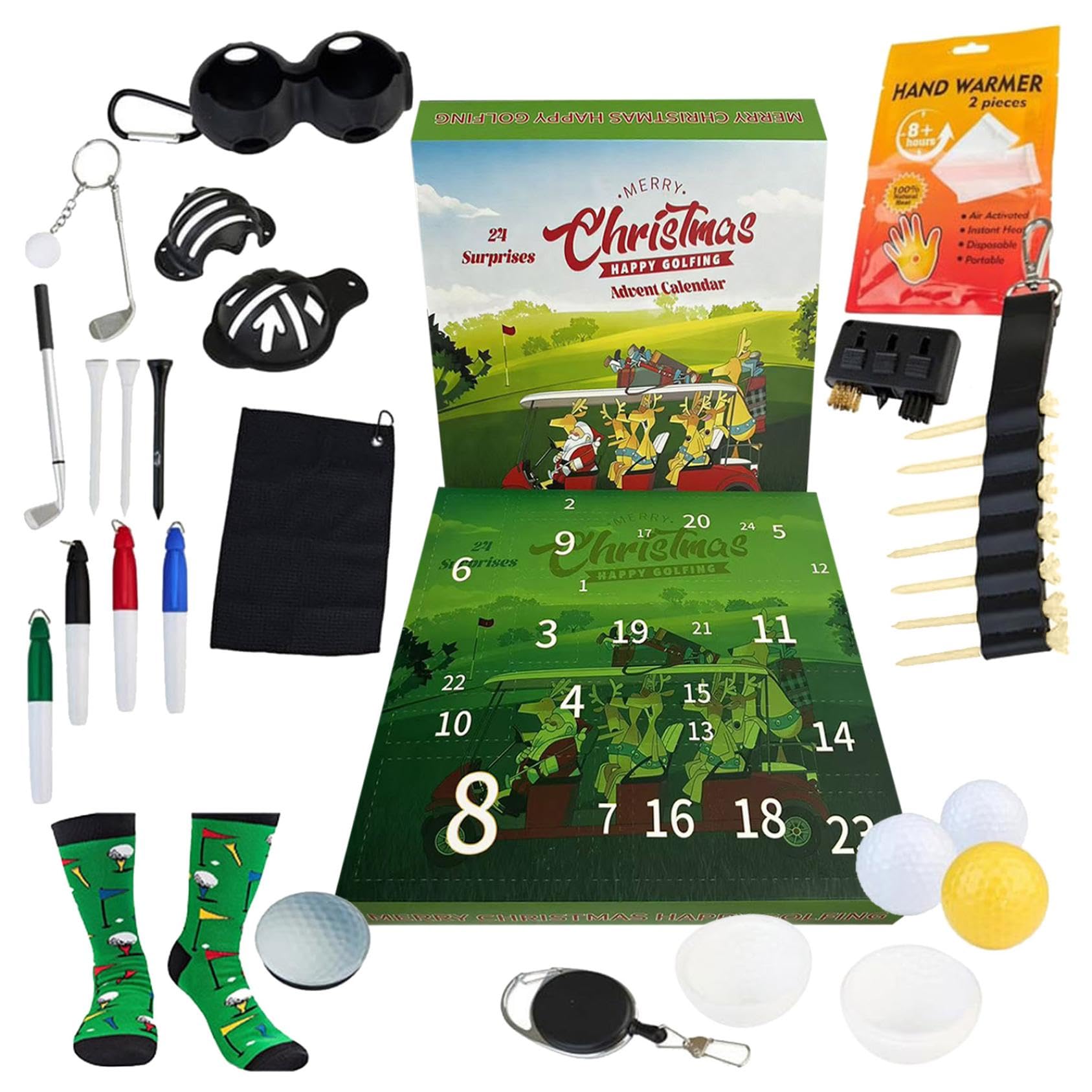 Calendarios de Adviento de golf 2025, calendario de cuenta regresiva de Navidad de 24 días con juego de herramientas, pelotas de golf, calcetines, llavero, camisetas, regalos sorpresa de Navidad para