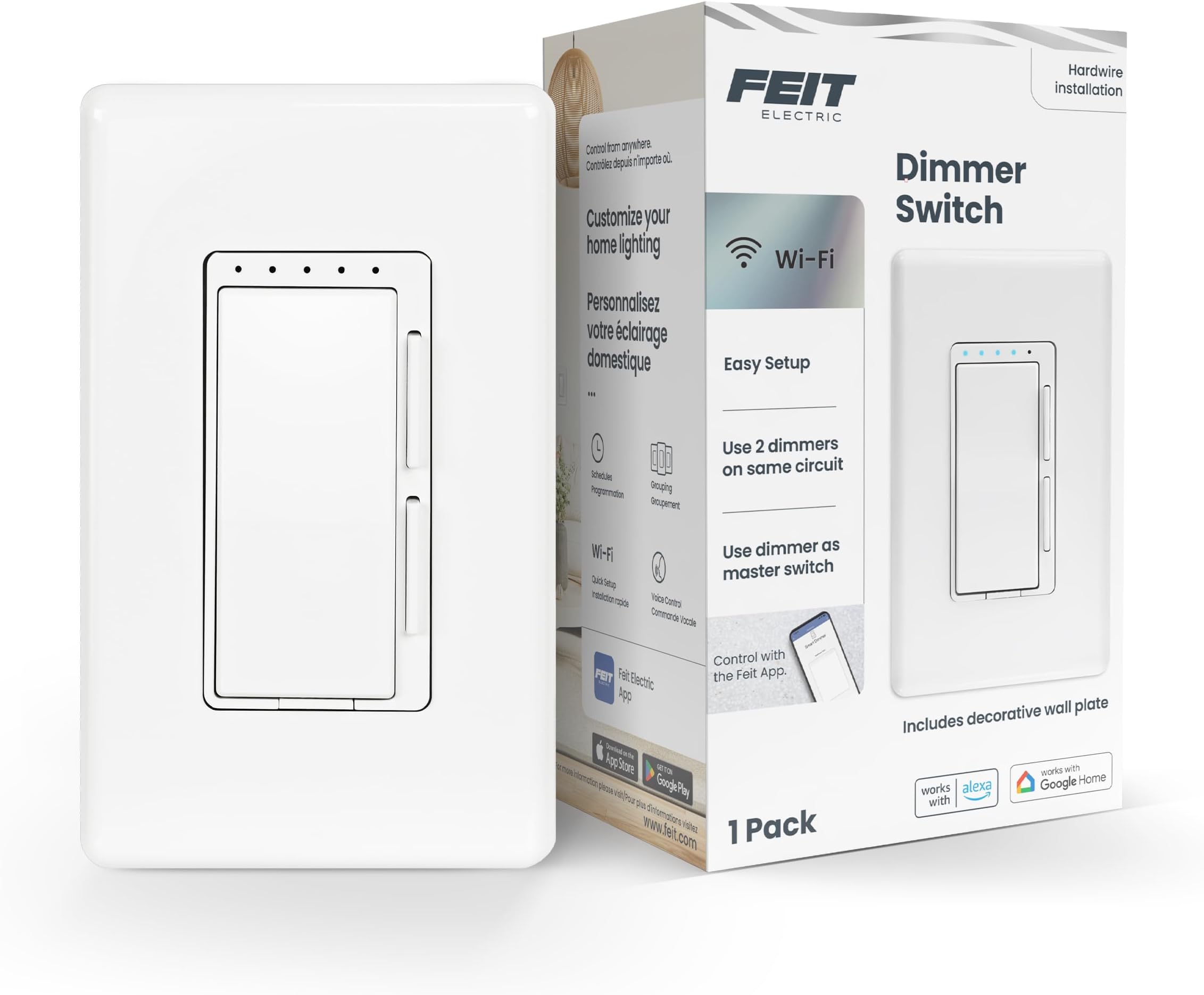 Smart Dimmer Switch, Neutral Wire Required for Installation, Compatible with Amazon Alexa and Google Assistant, Smart Dimmer Light Switch, White, Model:DIM/WiFi