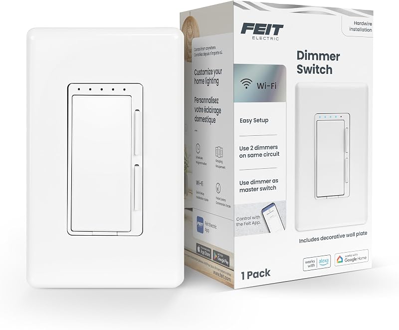 Feit Electric Smart Dimmer Switch, Neutral Wire Required for Installation, Compatible with Amazon Alexa and Google Assistant, Smart Dimmer Light Switch, White, Model:DIM/WiFi