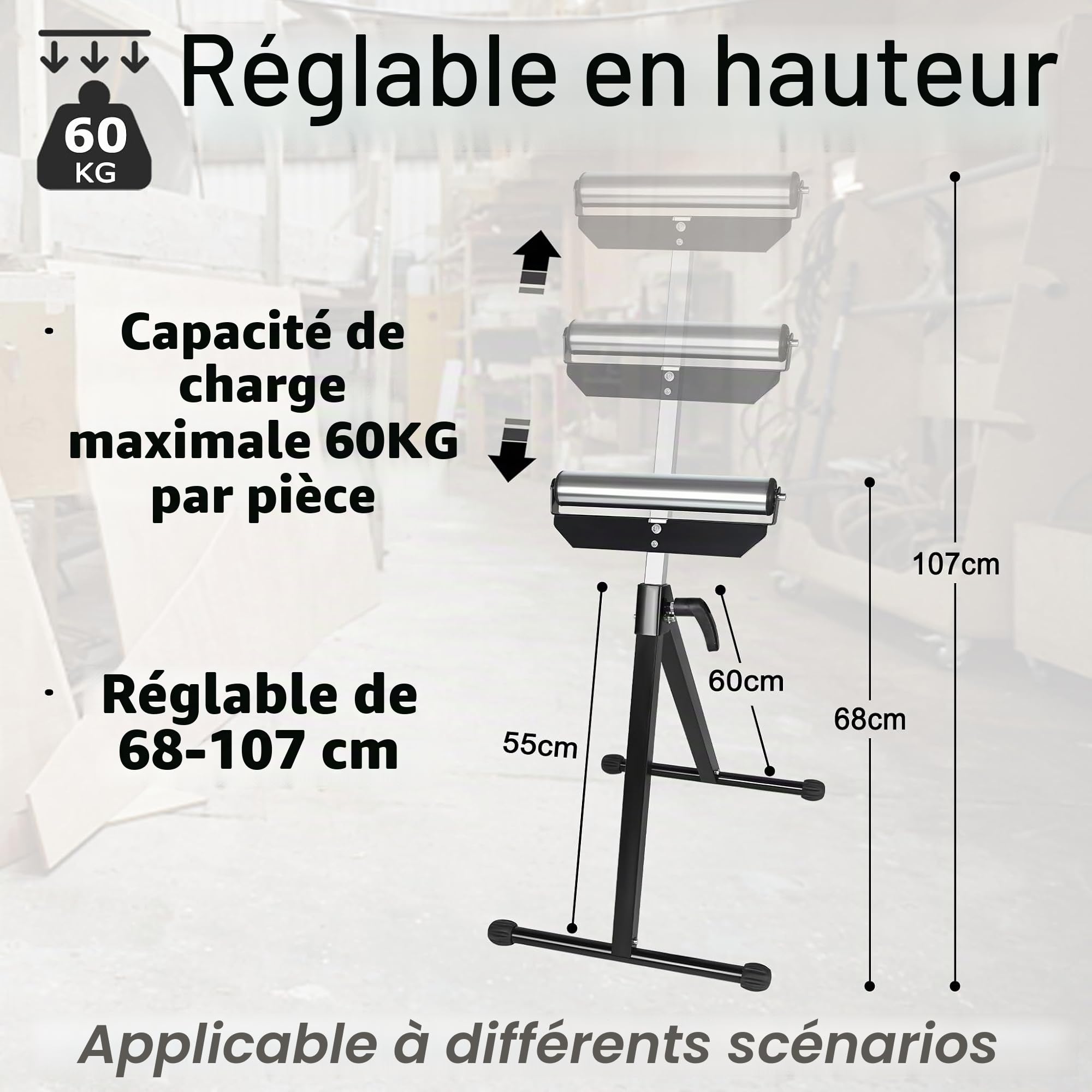 FIVMEN Tréteau à roulettes réglable en hauteur - 2 supports à roulettes de 68 à 107 cm - Avec pieds antidérapants - Charge maximale : 60 kg