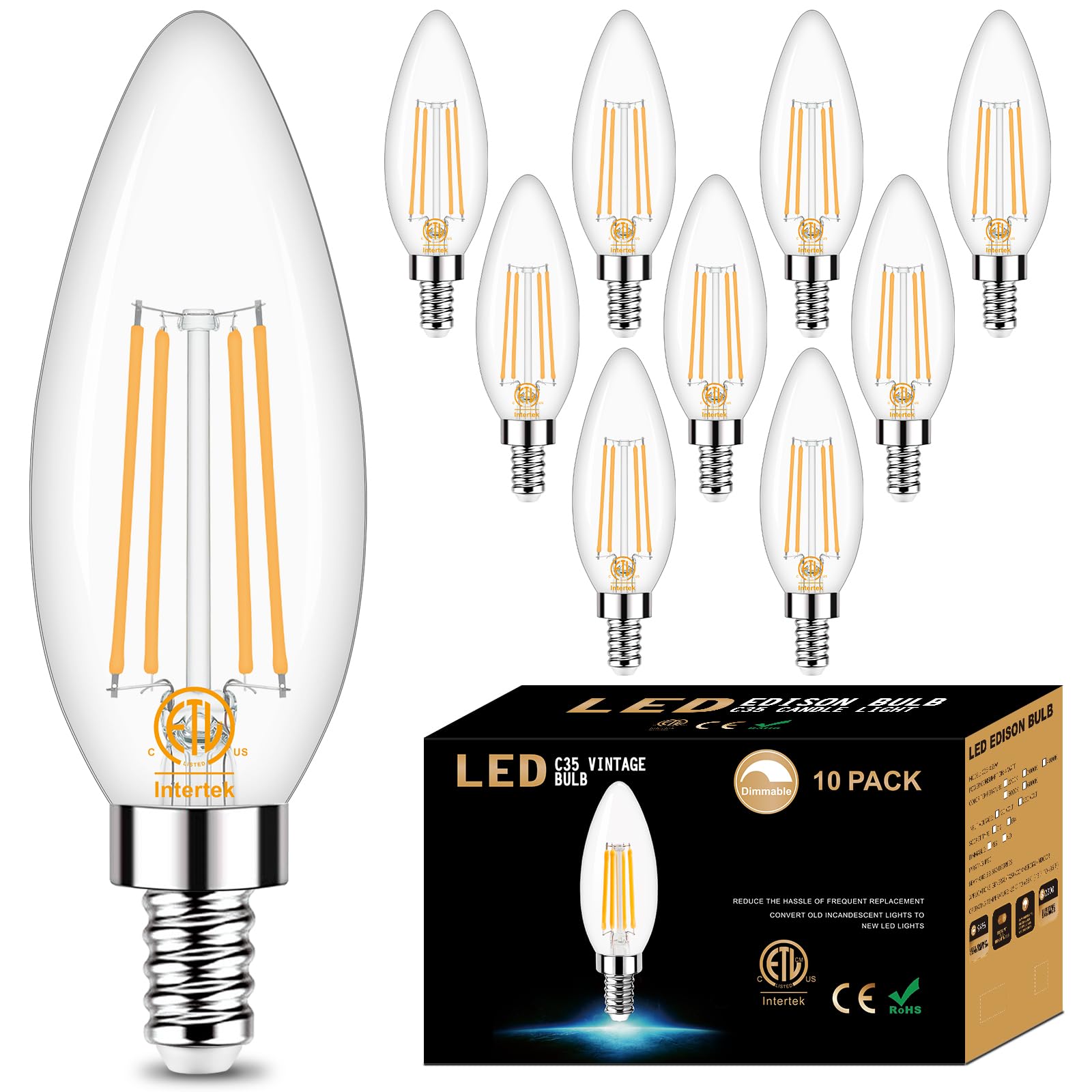 HonesornDimmable E12 Candelabra Led Light Bulbs, 2700k Soft White, 60-Watt Equivalent Type B Chandelier Light Bulb for Ceiling Fan, C35 B11 Candle led for Candelabra Base, 10 Pack