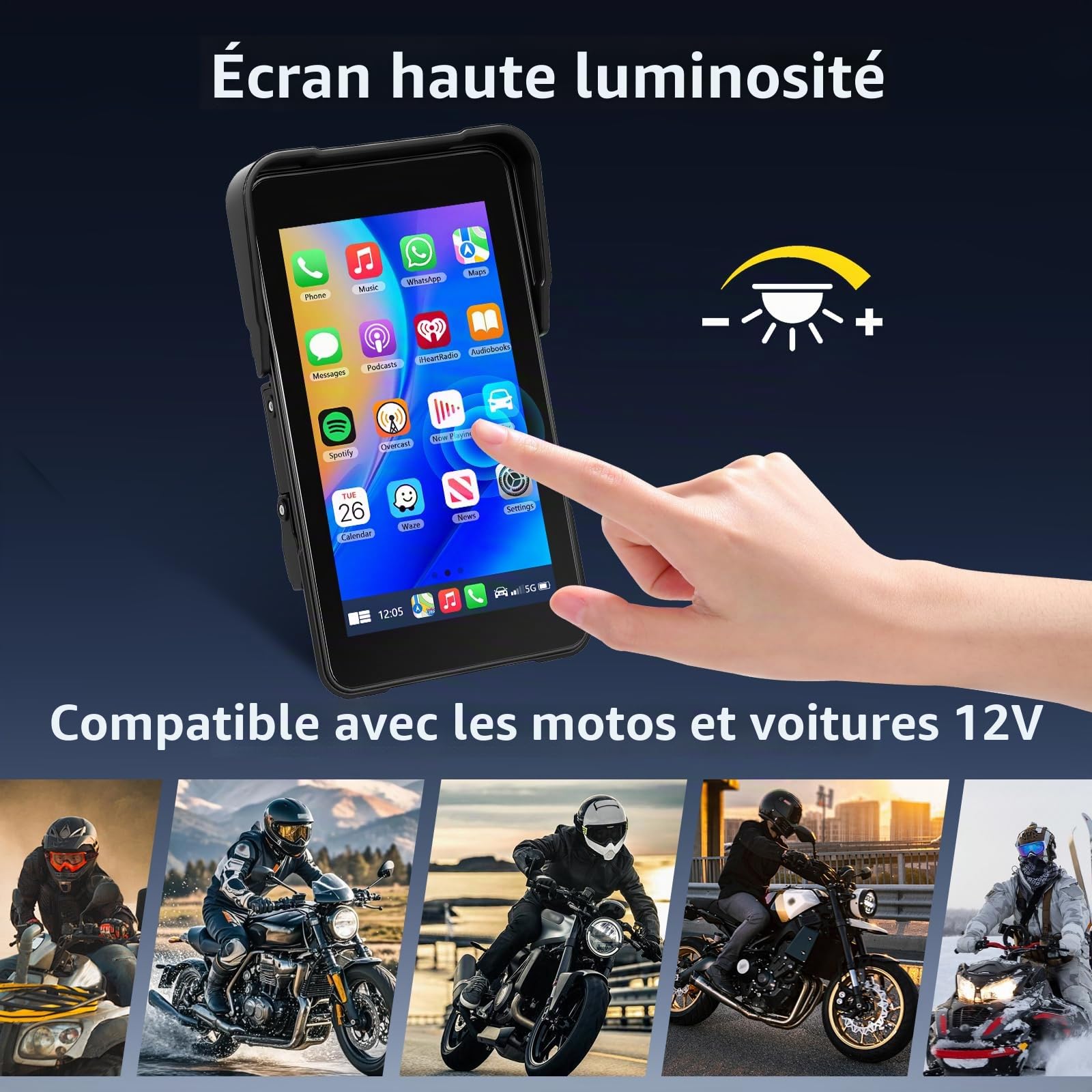 Écran Portable Carplay pour Moto, CarPlay sans Fil et Android Auto pour Moto, Écran Tactile Étanche de 5 Pouces avec Bluetooth, Navigation GPS, Siri/G00gle Assistant