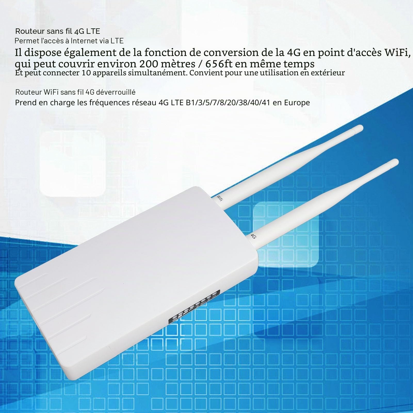 Routeur WiFi 4G LTE Extérieur POE avec Emplacement Carte SIM et Modem 300 Mbps, 2 Antennes 5 dBi, Mobile WiFi
