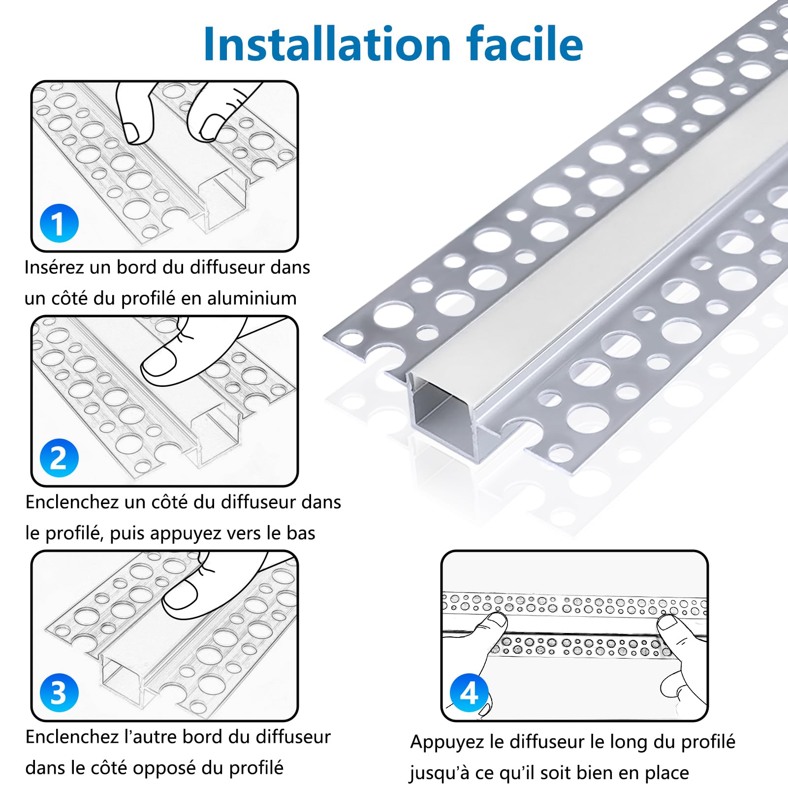 inShareplus Lot de 6 Profilés LED Encastrables 1 m, Profilés en Aluminium avec Diffuseur Laiteux pour Ruban LED, Kit de Profilés LED pour Cloison Sèche, Mur et Meuble, Installation Sans Bord Visible