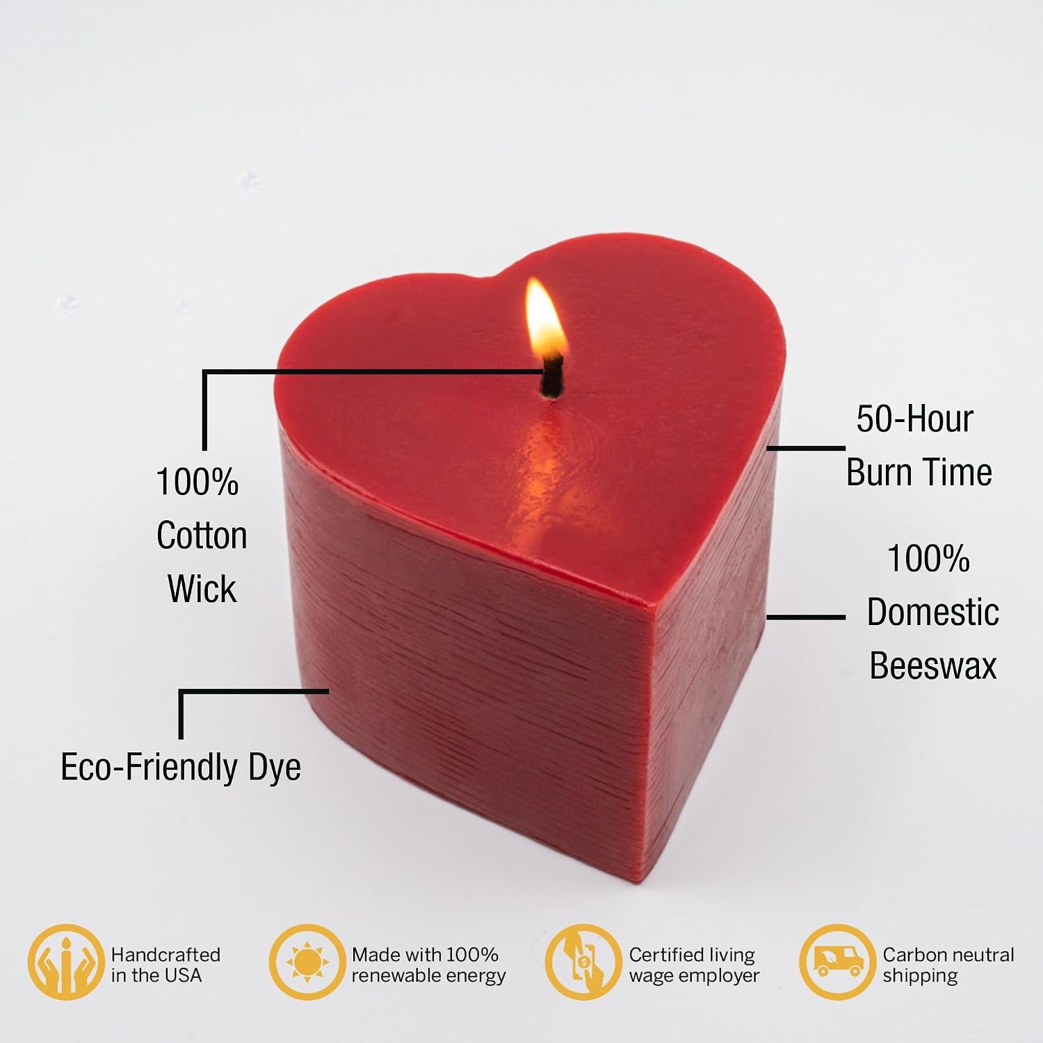 100% Pure Beeswax Large Red Heart | 50-Hour Long Burning All Natural Non-Toxic | Unique Gift & Home Decor | Made in USA