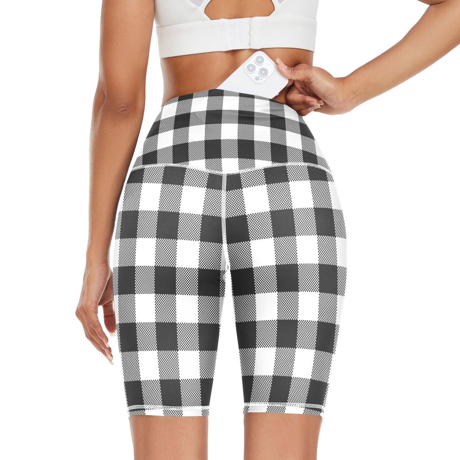 Aflyko Women Biker Shorts with Pockets Gingham Plaid Black White Soft Comfy Leggings Above Knee Relax Chic Fun Summer Stretchy Bottoms, XL