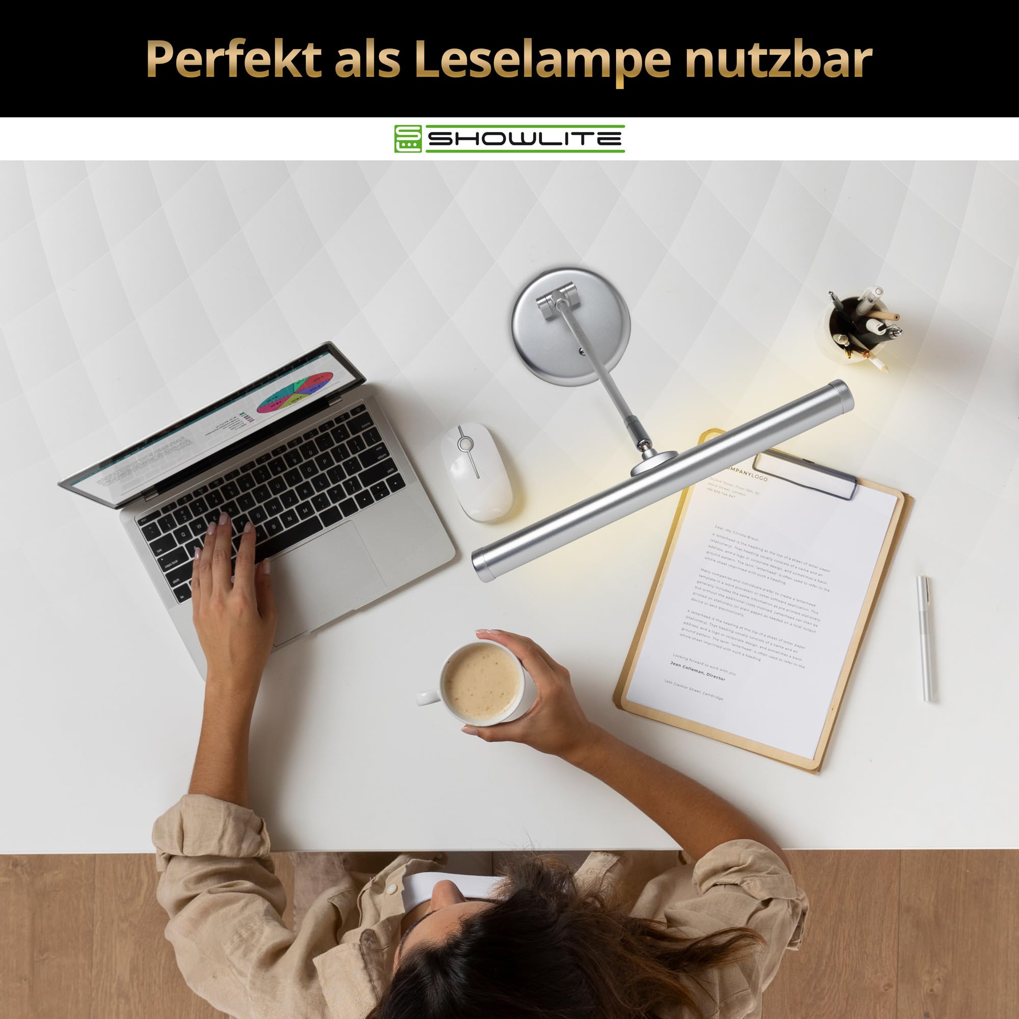 Showlite PL-1-SL-KW LED Klavierleuchte - Klavierlampe mit 15 LEDs - warmweißes Licht in 2 Stufen - 36 cm Höhe - Betrieb per USB, Netzstrom oder Batterie - silber matt