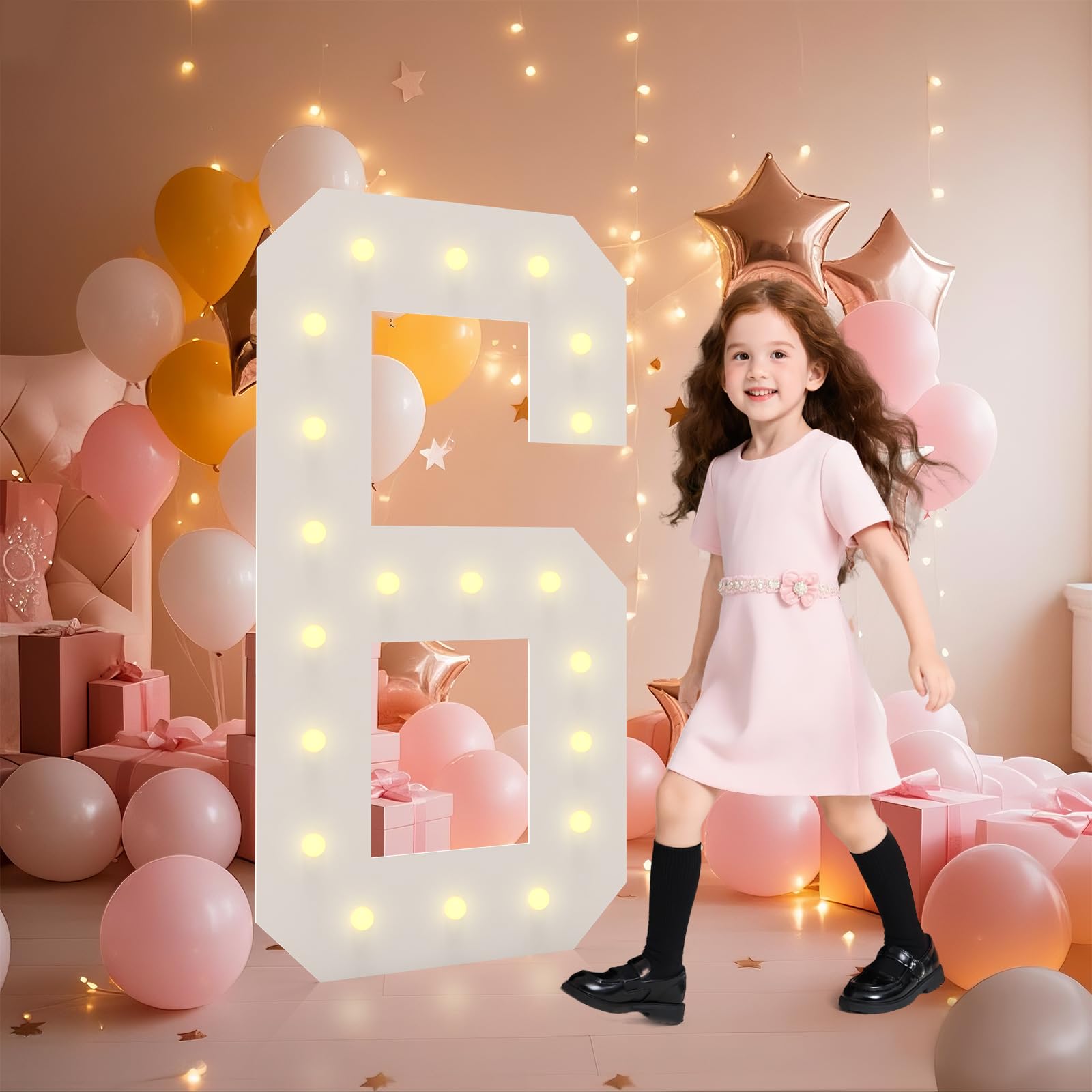 LOBOOM 4FT Light Up Numbers, Marquee Numbers 4 Feet Tall Giant Number 6 Mosaic Big Number Sign for 6th 16th 60th Birthday Party Backdrop Anniversary