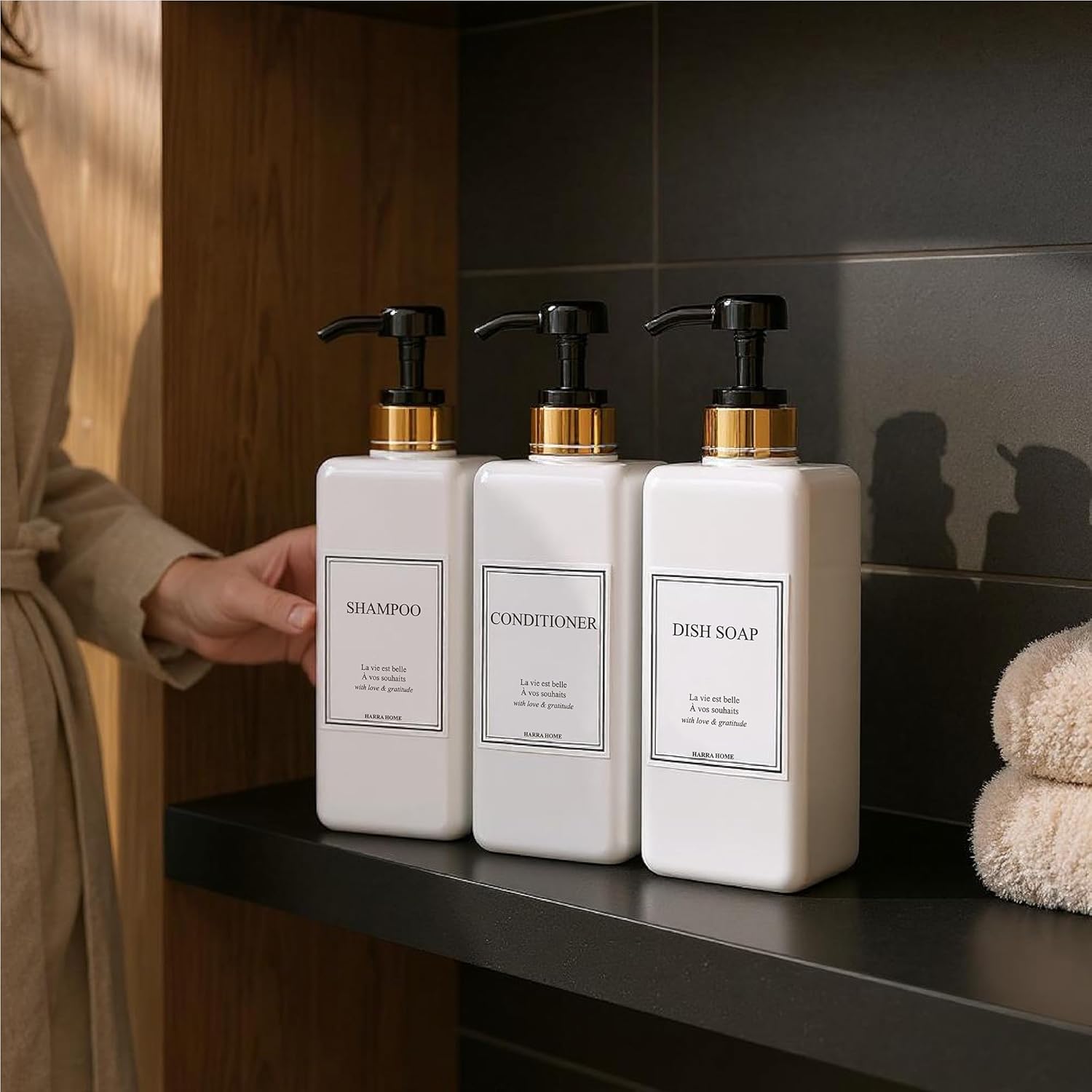 Shampoo and Conditioner Dispenser - Modern Gold Design Large 27oz Shower Soap Dispenser Set of 3, Refillable Empty Plastic Pump Bottles for Bathroom, 6 Waterproof Labels Included, Black - Image 6