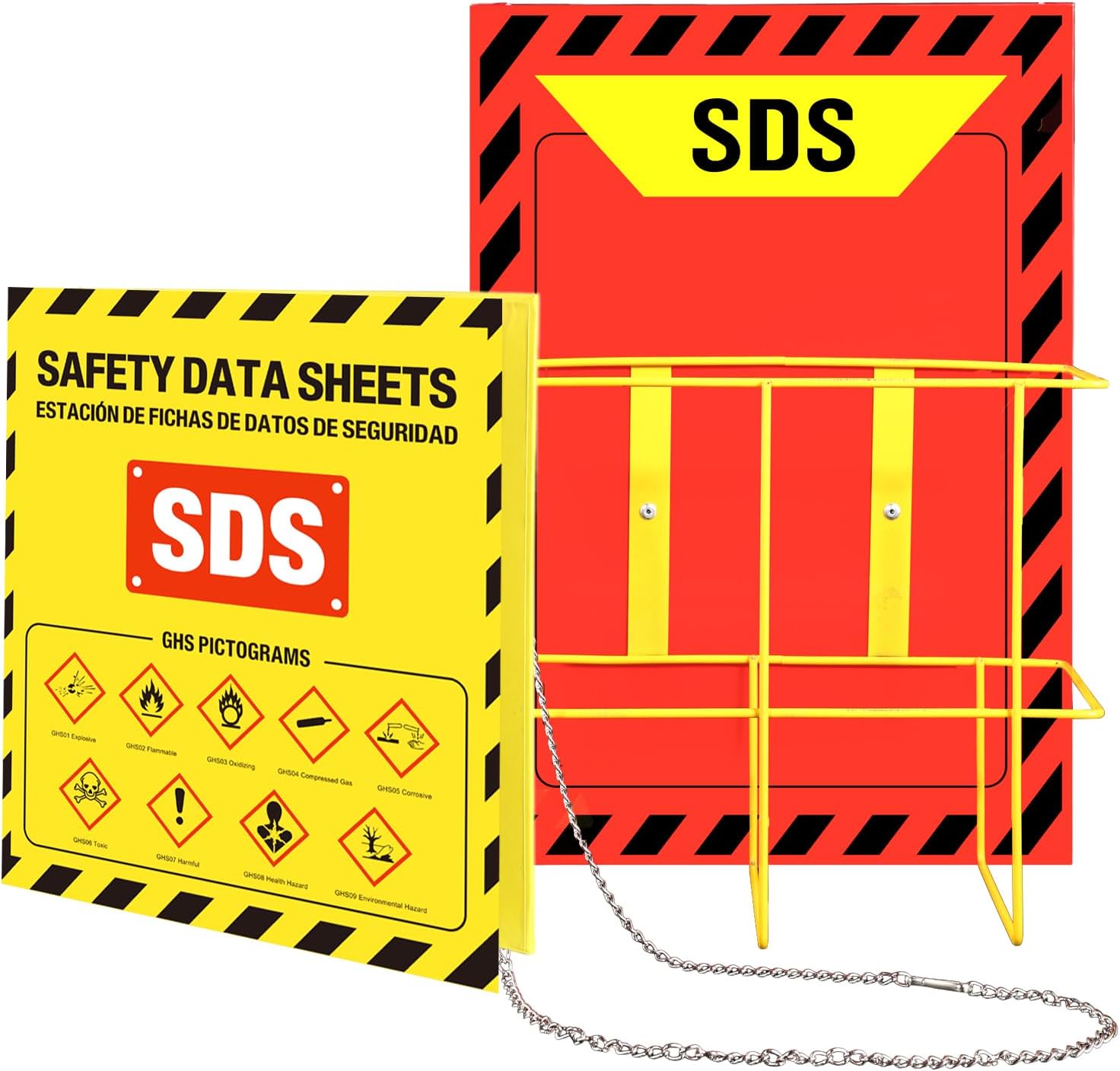 MSDS SDS Binder and Wall Station,Yellow Heavy Duty 3 Inch Material Safety Data Sheet 3 Ring Binder with SDS Wire Rack and Display Sign,Chain,Mounting Hardware,Safety Posters and MSDS Labels