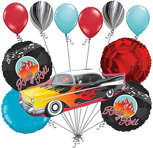 Ramo de globos de cumpleaños Muscle Rock-n-Roll, 11 unidades, llamas de coches de los años 50