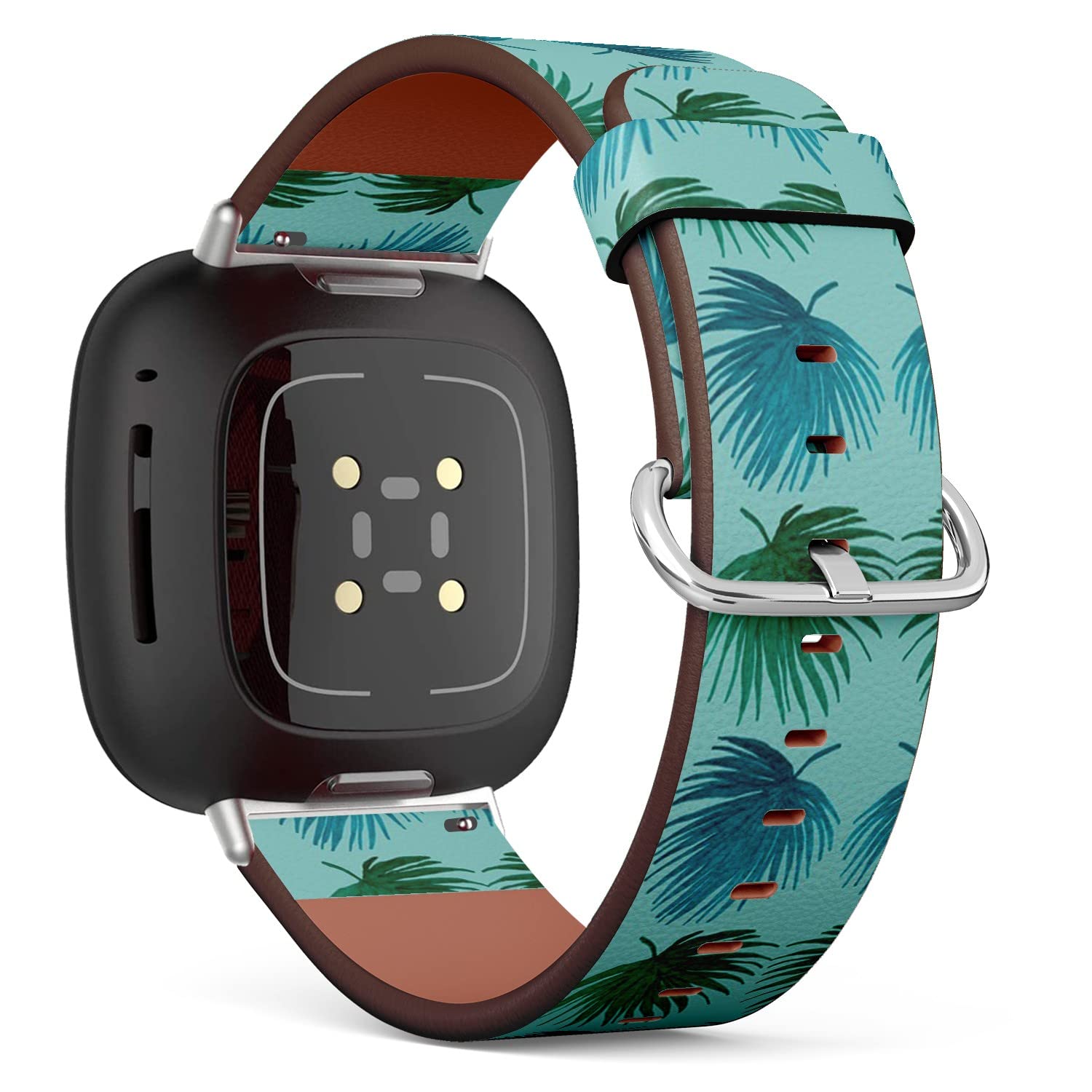 CJBROES Replacement Leather Watch Band, Compatible with Fitbit Versa 3 and Fitbit Sense of Wristband Bracelet Accessory - Creative Tropical Leaves