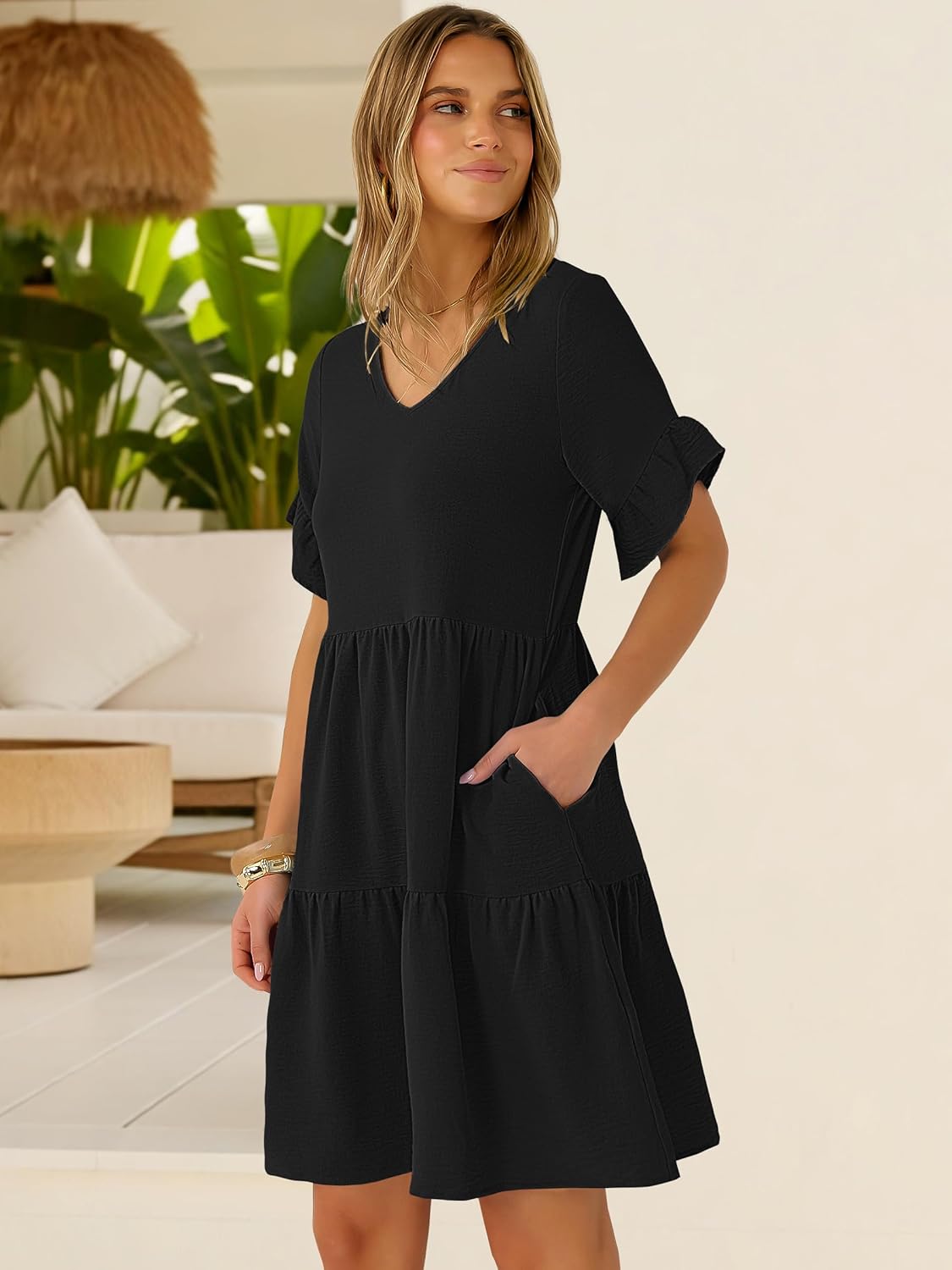 Caracilia Dresses for Women Summer Casual 2026 Ruffle Short Sleeve A Line Tiered Flowy Cute V Neck Mini Beach Dress Pockets - Image 4