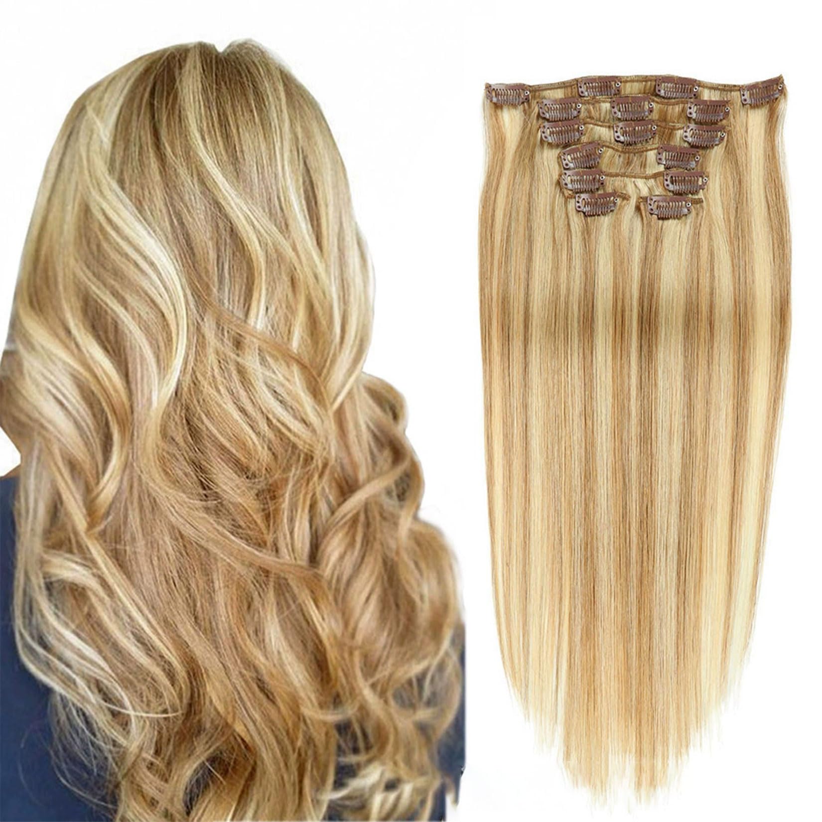 Clip in Haarverlängerungen für Frauen, gerade nahtlose Clip in Extensions Menschenhaar, 7 Stück Set echtes Menschenhaar #27/613,14inch (35cm) 70g