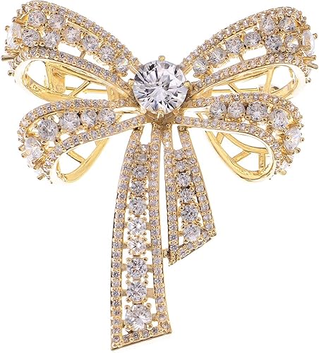 Alilang Broche de lazo con cinta de color plateado y cristal transparente