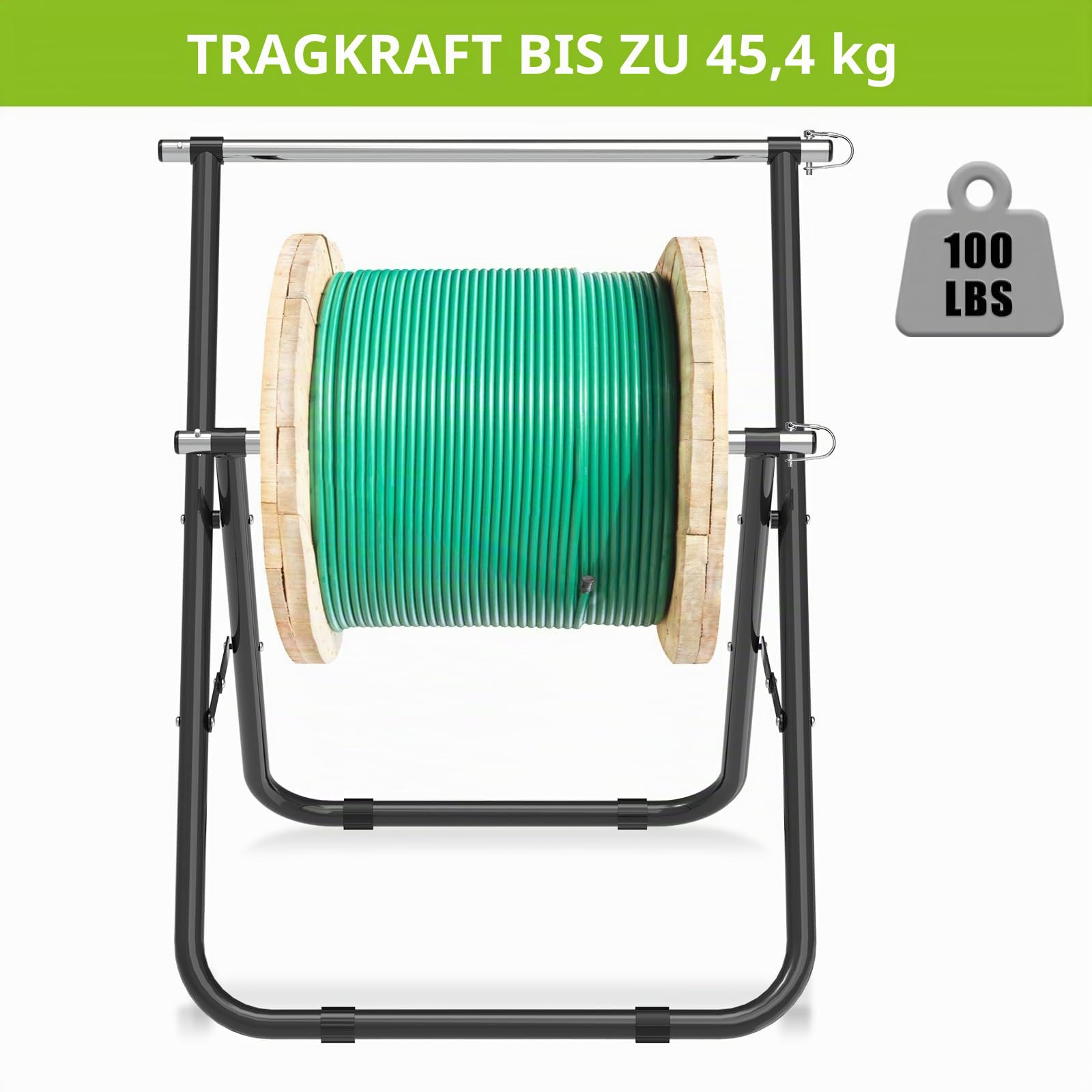 Insaga Kabelrollenhalter, Robuster Kabelcaddy Drahtspulenspender Stahl Kabelrollen Halterung mit Stange de 15mm Durchmesser und 59cm Doppelspinner, Tragbar und Zusammenklappbar, bis zu 45kg
