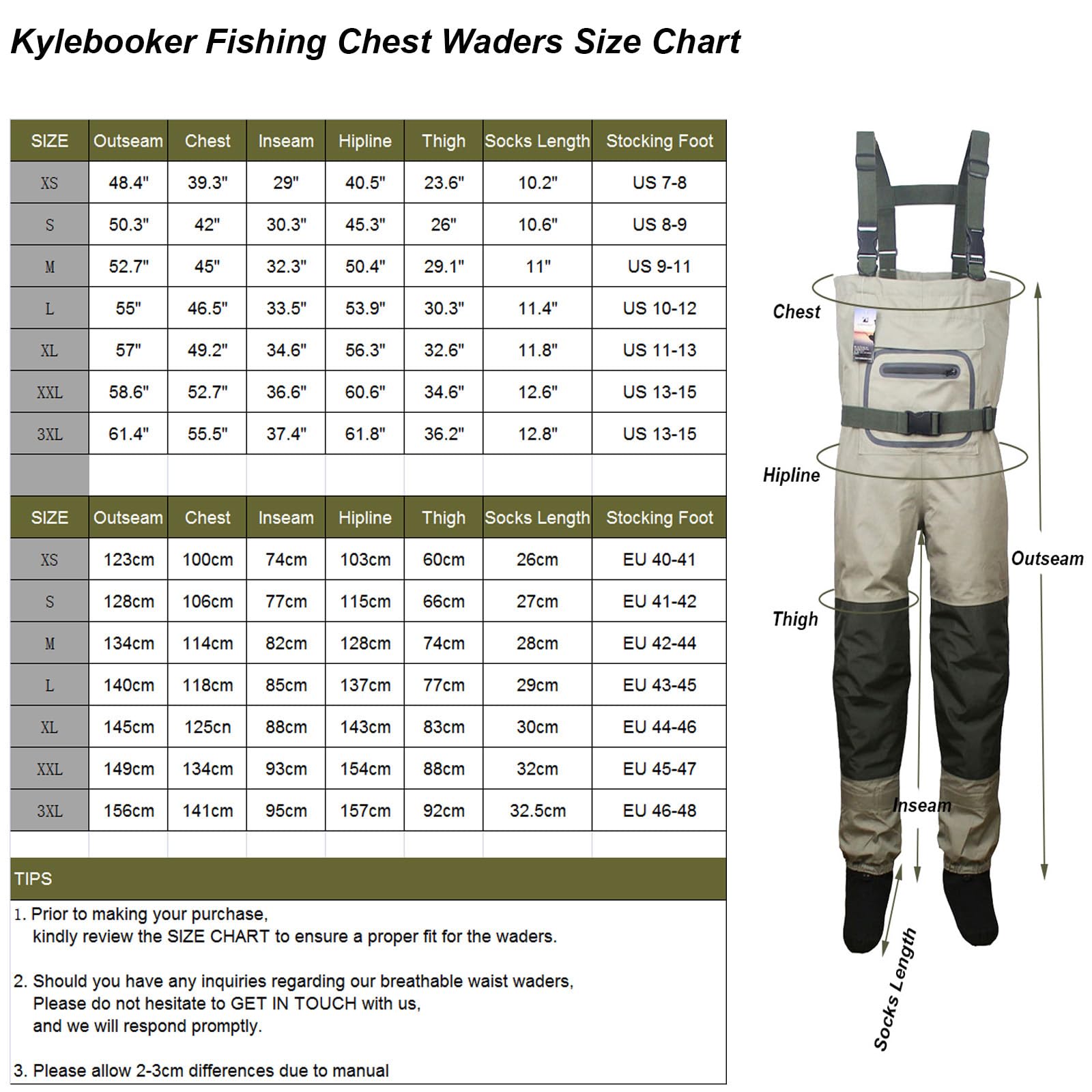 Kylebooker Pêche à la Mouche Stockingfoot Waders Poitrine Chaussants Abordable Respirable Poitrine Respirantes Imperméables à l'eau