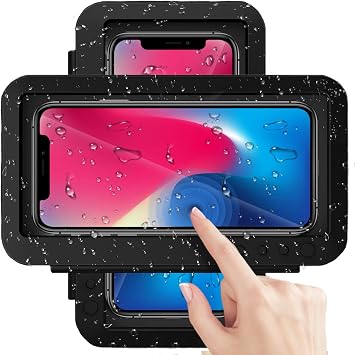 Shower Phone Holder Waterproof - Anti Fog High Sensitivity Touch Screen, 360Rotation Wall Mount Shower Case for Phone for Bathroom Wall Mirror Bathtub Kitchen, Compatible with Under 7 InchBlack