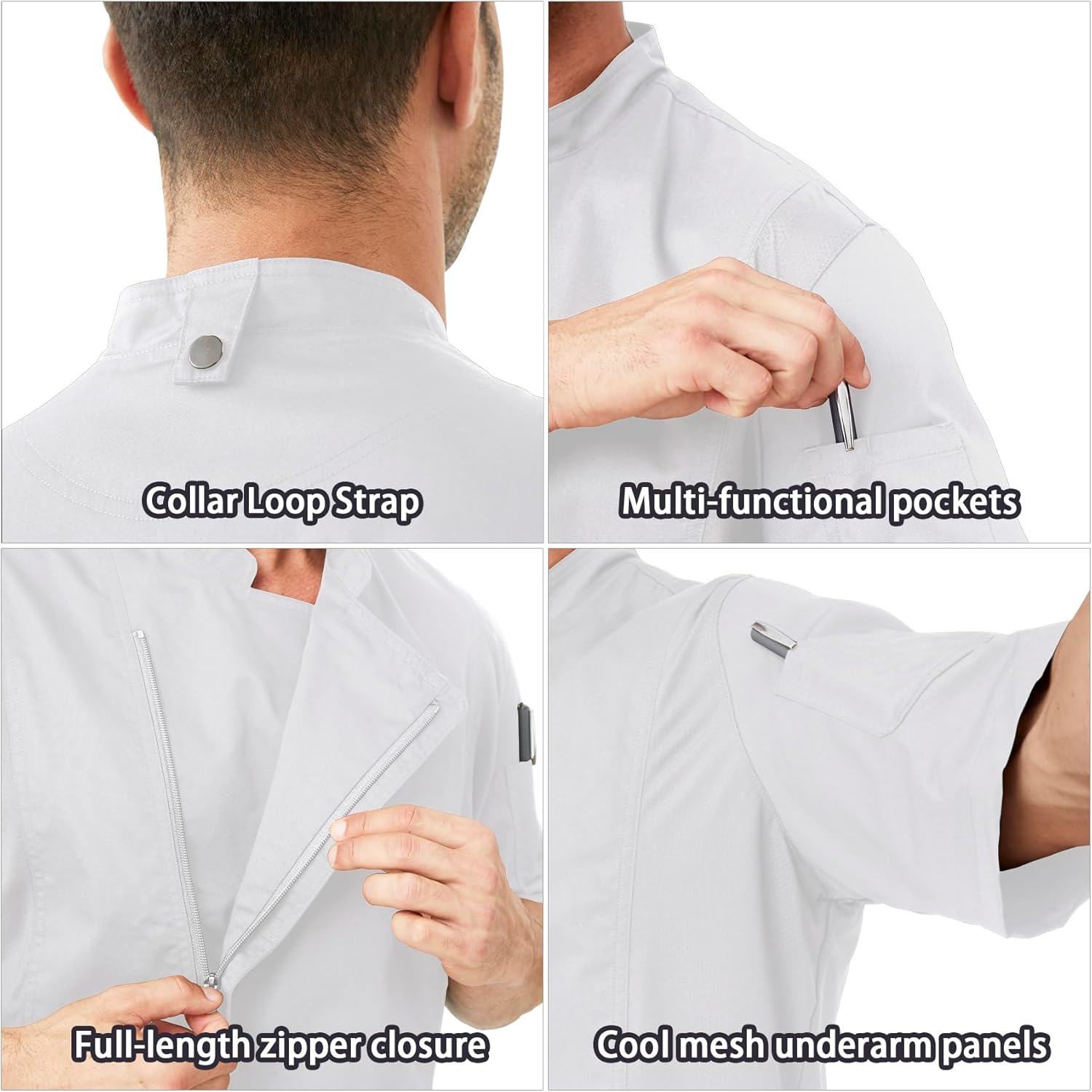 LETAOTAO Chef Coat For Men Short Sleeve Breathable Chef Shirt Mesh Panels Chef Jacket Zipper Front With 3 Pockets
